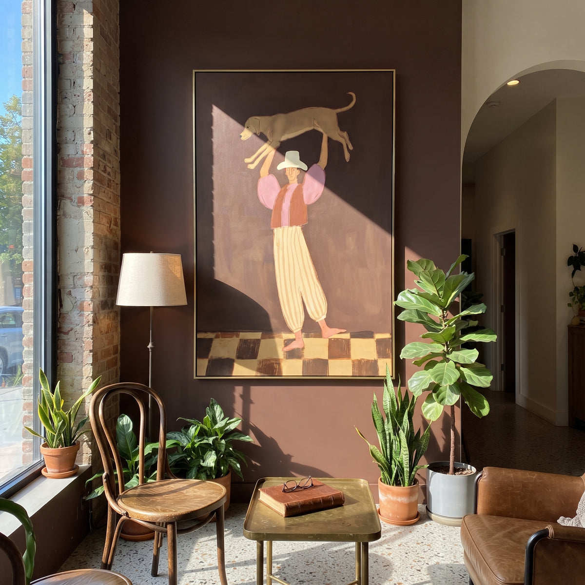 Woman Lifting Brown Dog focuses on this hand-painted textured canvas features woman in cropped top and striped pants lifting a brown dog over her head on a dark stage. The composition is described from the actual main image, so the visible subject, color balance, spacing, and surface movement stay specific to this product instead of reading like a batch title. Raised palette-knife layers, sculpted impasto ridges, softened brush transitions, and tactile handmade texture give the canvas
