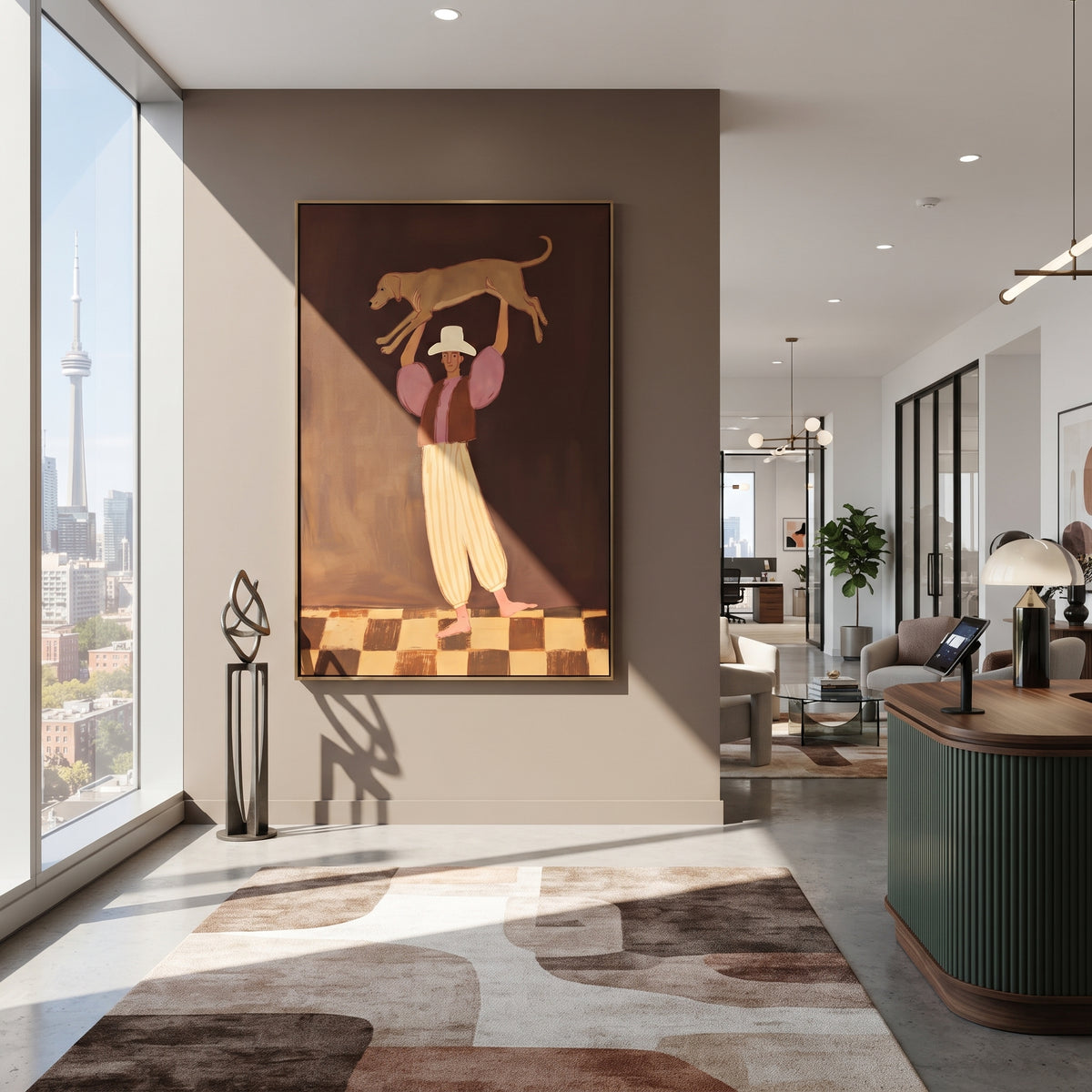 Woman Lifting Brown Dog focuses on this hand-painted textured canvas features woman in cropped top and striped pants lifting a brown dog over her head on a dark stage. The composition is described from the actual main image, so the visible subject, color balance, spacing, and surface movement stay specific to this product instead of reading like a batch title. Raised palette-knife layers, sculpted impasto ridges, softened brush transitions, and tactile handmade texture give the canvas