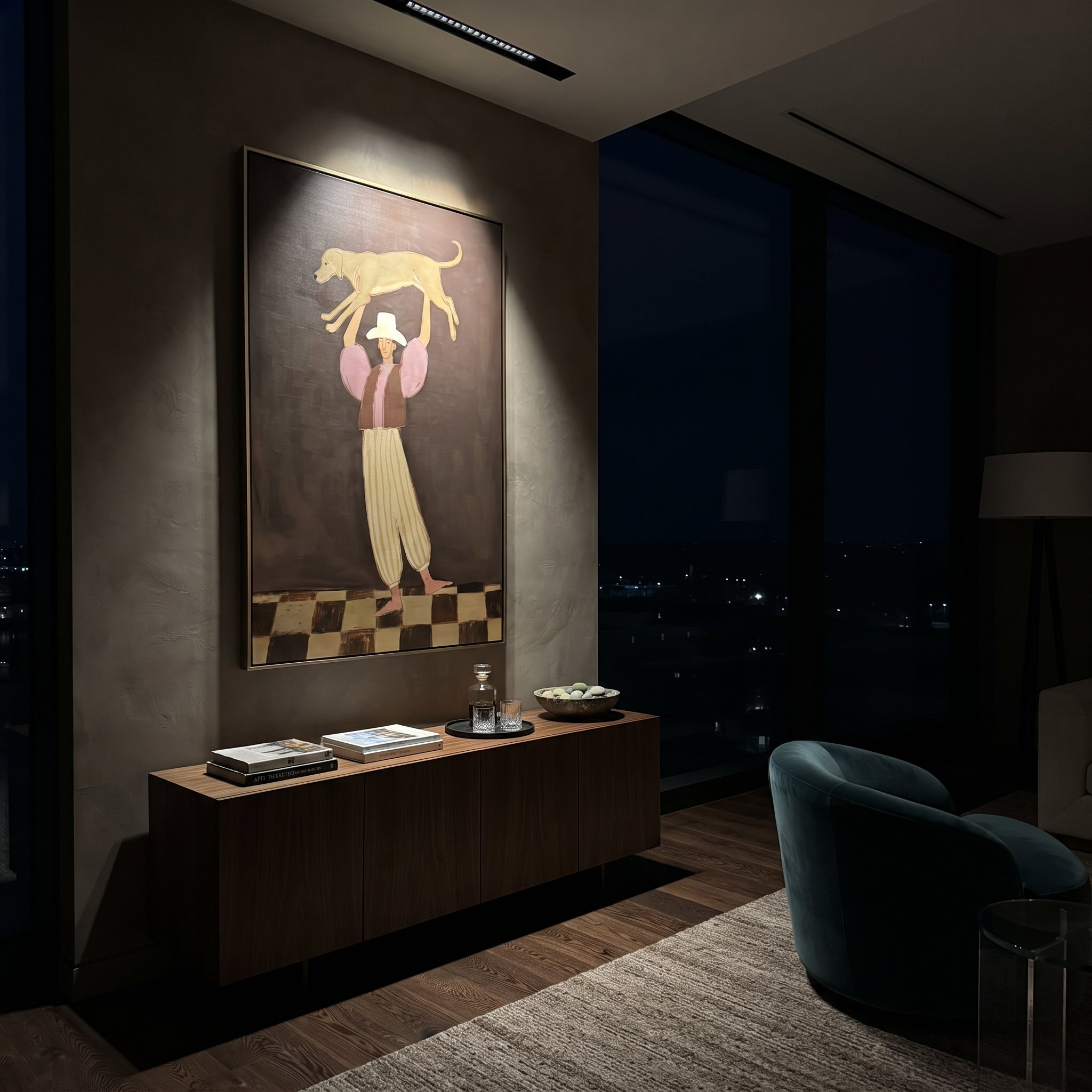 Woman Lifting Brown Dog focuses on this hand-painted textured canvas features woman in cropped top and striped pants lifting a brown dog over her head on a dark stage. The composition is described from the actual main image, so the visible subject, color balance, spacing, and surface movement stay specific to this product instead of reading like a batch title. Raised palette-knife layers, sculpted impasto ridges, softened brush transitions, and tactile handmade texture give the canvas