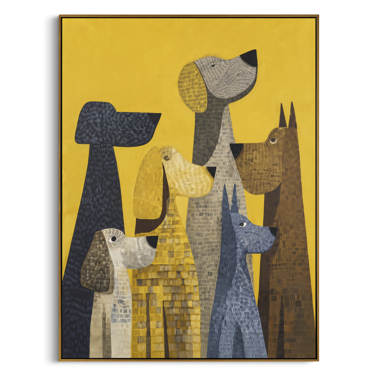 Textured Dog Family Portrait focuses on this hand-painted textured canvas features family of stylized dog heads in grey, yellow, black, and white over a golden ground. The composition is described from the actual main image, so the visible subject, color balance, spacing, and surface movement stay specific to this product instead of reading like a batch title. Raised palette-knife layers, sculpted impasto ridges, softened brush transitions, and tactile handmade texture give the canvas