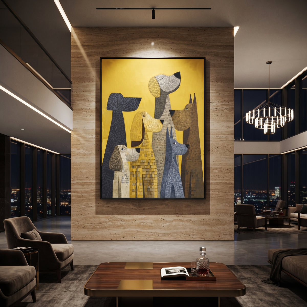 Textured Dog Family Portrait focuses on this hand-painted textured canvas features family of stylized dog heads in grey, yellow, black, and white over a golden ground. The composition is described from the actual main image, so the visible subject, color balance, spacing, and surface movement stay specific to this product instead of reading like a batch title. Raised palette-knife layers, sculpted impasto ridges, softened brush transitions, and tactile handmade texture give the canvas