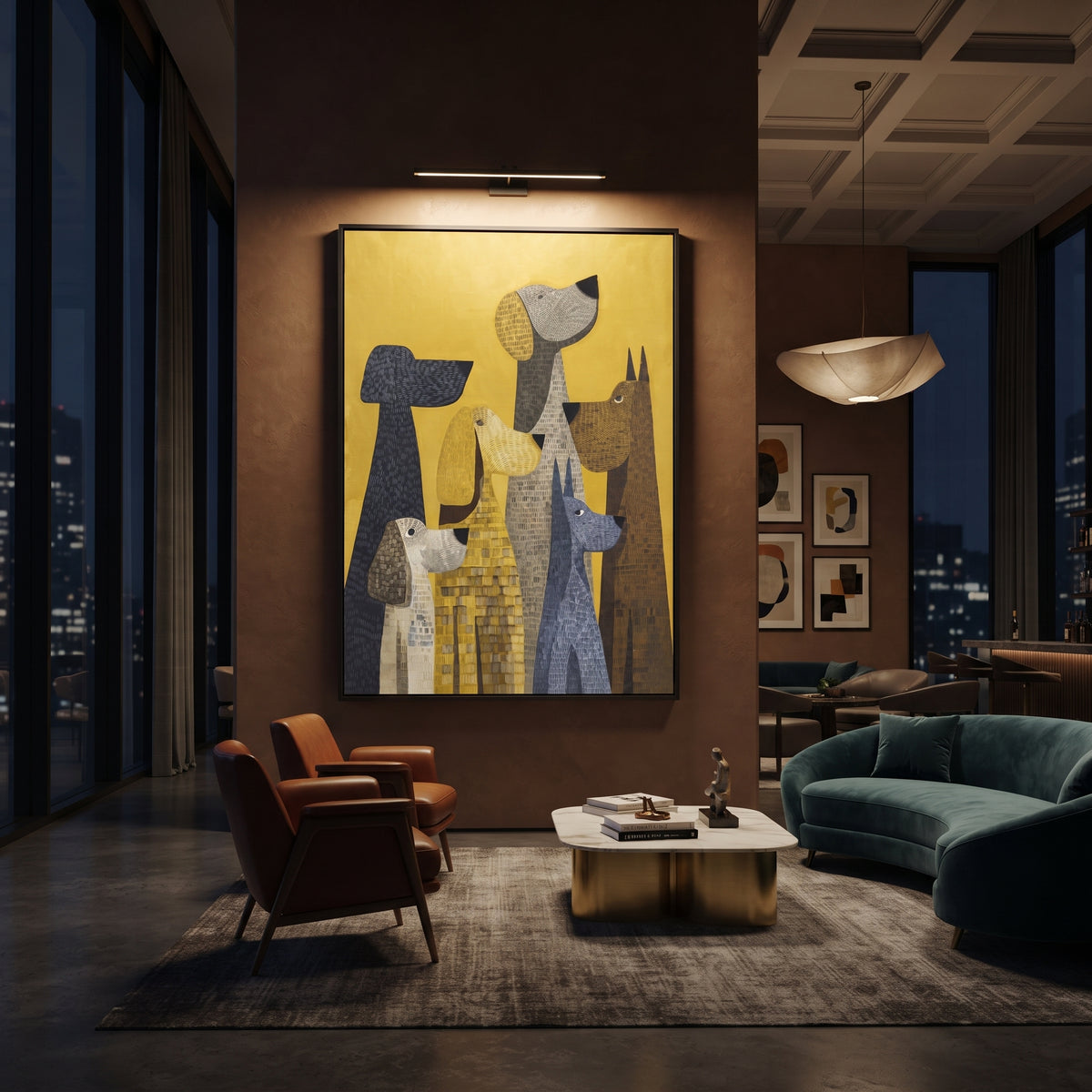 Textured Dog Family Portrait focuses on this hand-painted textured canvas features family of stylized dog heads in grey, yellow, black, and white over a golden ground. The composition is described from the actual main image, so the visible subject, color balance, spacing, and surface movement stay specific to this product instead of reading like a batch title. Raised palette-knife layers, sculpted impasto ridges, softened brush transitions, and tactile handmade texture give the canvas