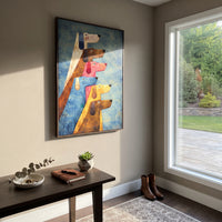 Stacked Colorful Dog Profiles focuses on this hand-painted textured canvas features vertical stack of colorful dog profiles in cream, brown, pink, blue, and yellow. The composition is described from the actual main image, so the visible subject, color balance, spacing, and surface movement stay specific to this product instead of reading like a batch title. Raised palette-knife layers, sculpted impasto ridges, softened brush transitions, and tactile handmade texture give the canvas dimensional