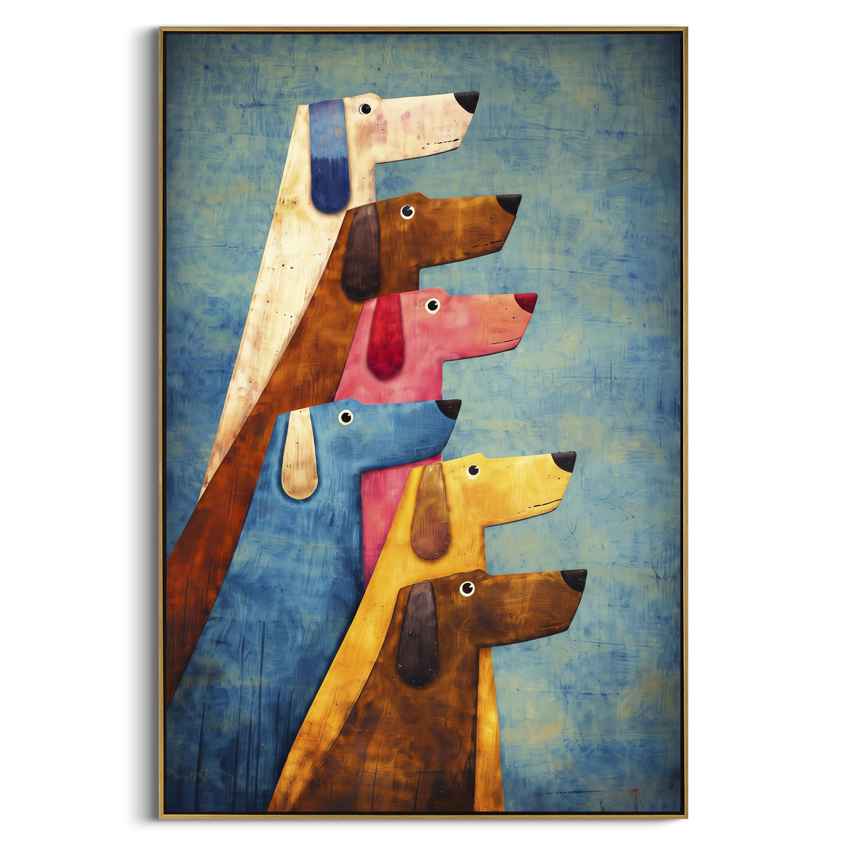 "Stacked Colorful Dog Profiles" - Modern Heavy Impasto Dog Portrait Artwork | Blue & Brown Palette Knife Painting | Luxury Vertical Wall Art #PT 2004