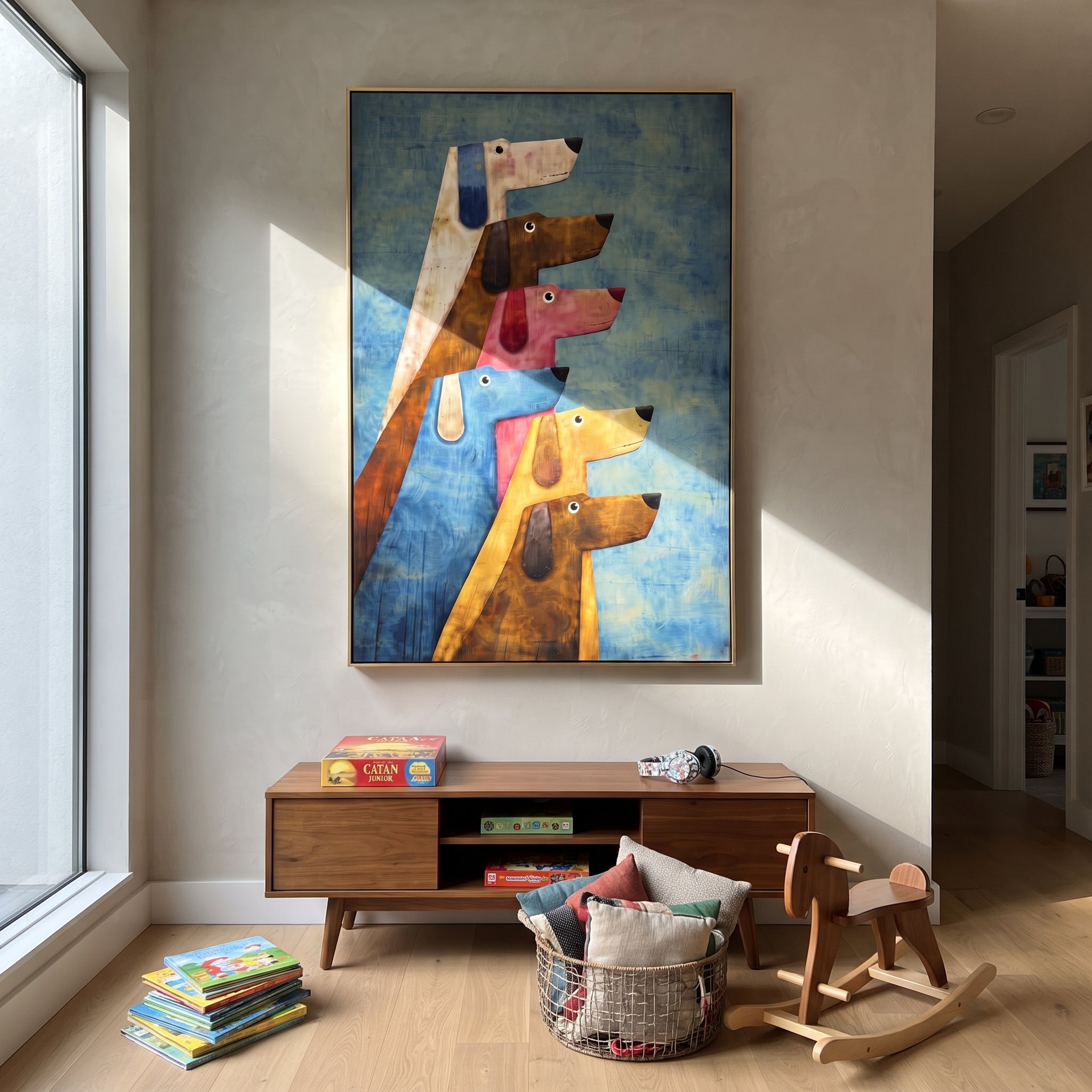 Stacked Colorful Dog Profiles focuses on this hand-painted textured canvas features vertical stack of colorful dog profiles in cream, brown, pink, blue, and yellow. The composition is described from the actual main image, so the visible subject, color balance, spacing, and surface movement stay specific to this product instead of reading like a batch title. Raised palette-knife layers, sculpted impasto ridges, softened brush transitions, and tactile handmade texture give the canvas dimensional
