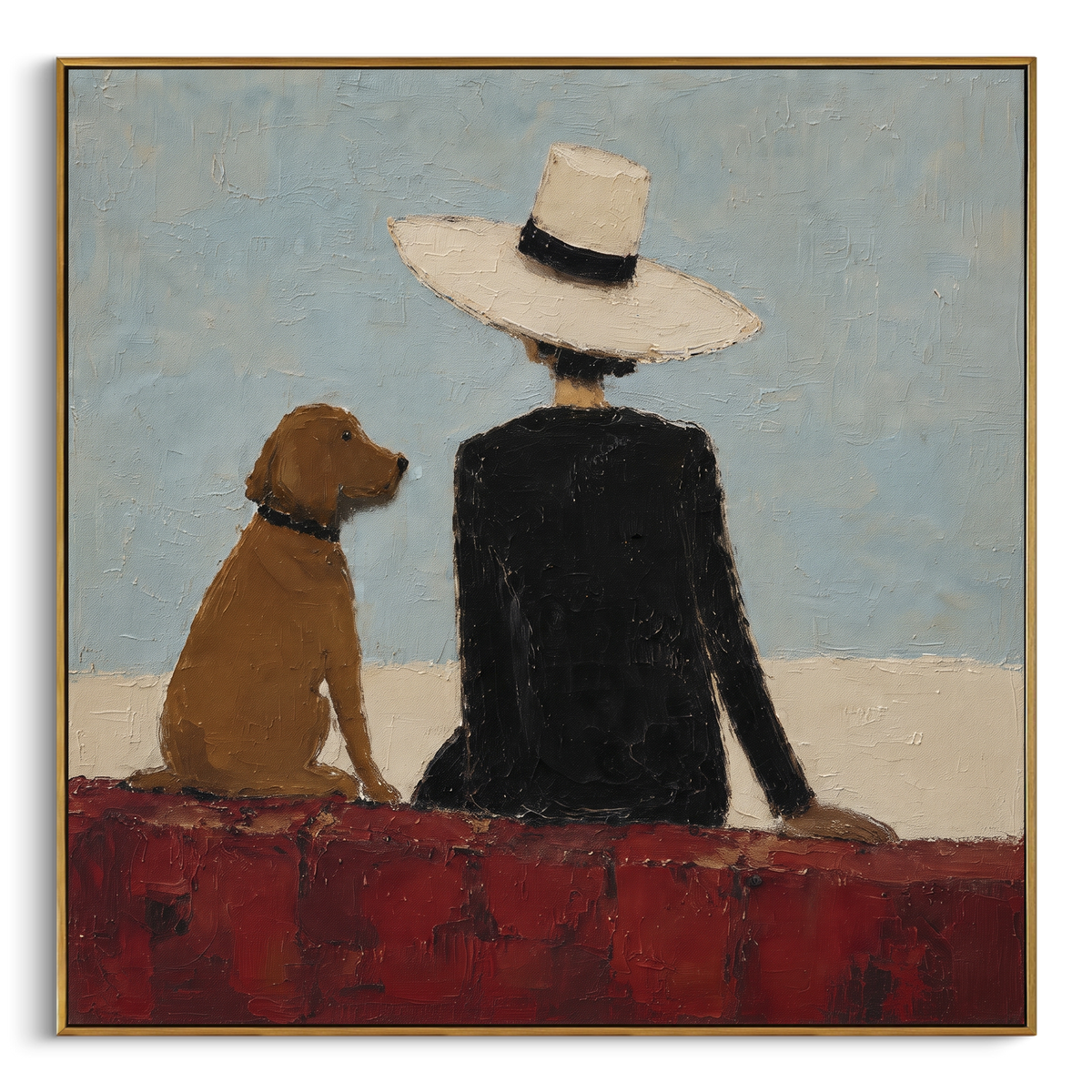 "Back View Woman With Brown Dog" - Modern Heavy Impasto Dog Portrait Artwork | Blue & Brown Palette Knife Painting | Luxury Square Wall Art #PT 2005