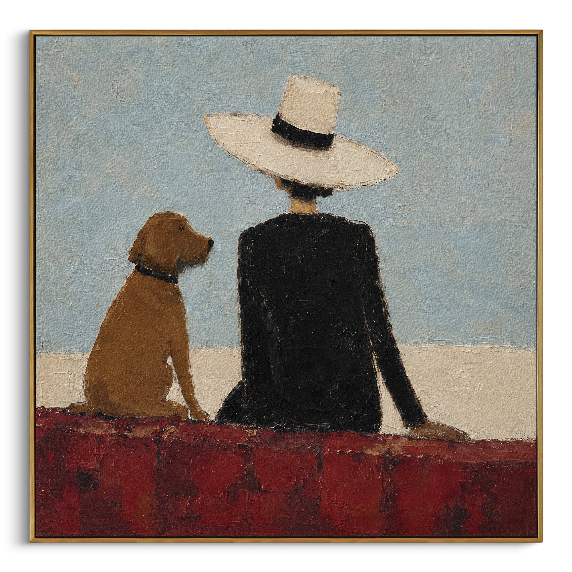 Back View Woman With Brown Dog focuses on this hand-painted textured canvas features back view of a woman in black hat seated beside a brown dog against pale blue sky. The composition is described from the actual main image, so the visible subject, color balance, spacing, and surface movement stay specific to this product instead of reading like a batch title. Raised palette-knife layers, sculpted impasto ridges, softened brush transitions, and tactile handmade texture give the canvas