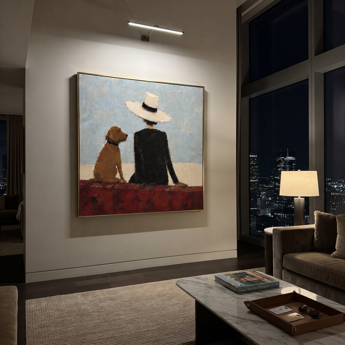 Back View Woman With Brown Dog focuses on this hand-painted textured canvas features back view of a woman in black hat seated beside a brown dog against pale blue sky. The composition is described from the actual main image, so the visible subject, color balance, spacing, and surface movement stay specific to this product instead of reading like a batch title. Raised palette-knife layers, sculpted impasto ridges, softened brush transitions, and tactile handmade texture give the canvas