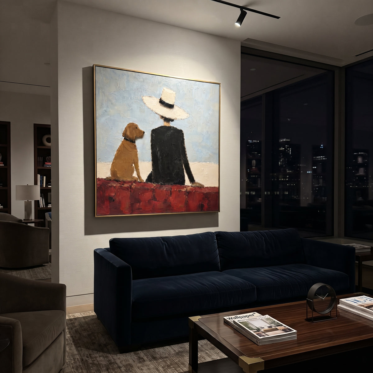 Back View Woman With Brown Dog focuses on this hand-painted textured canvas features back view of a woman in black hat seated beside a brown dog against pale blue sky. The composition is described from the actual main image, so the visible subject, color balance, spacing, and surface movement stay specific to this product instead of reading like a batch title. Raised palette-knife layers, sculpted impasto ridges, softened brush transitions, and tactile handmade texture give the canvas