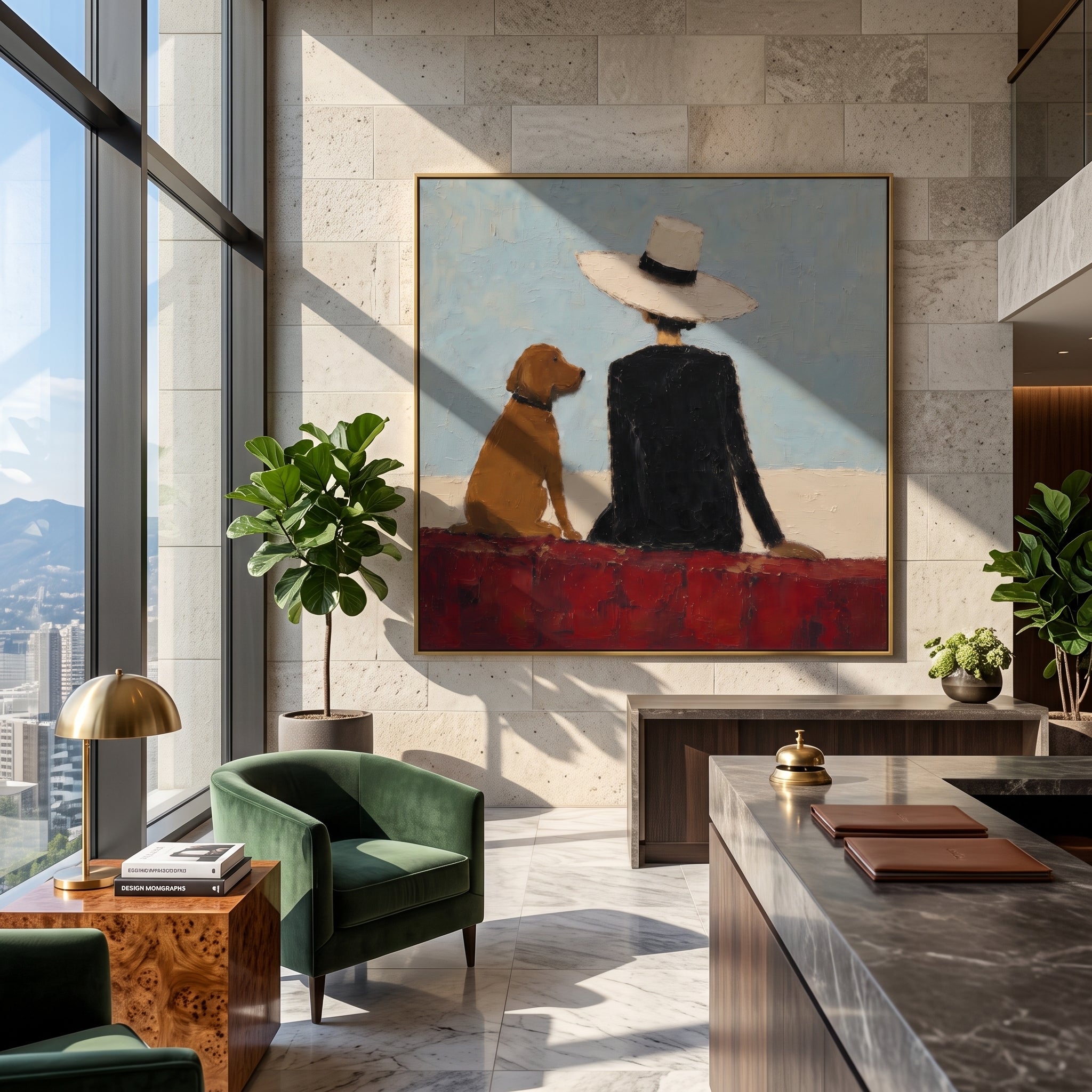 Back View Woman With Brown Dog focuses on this hand-painted textured canvas features back view of a woman in black hat seated beside a brown dog against pale blue sky. The composition is described from the actual main image, so the visible subject, color balance, spacing, and surface movement stay specific to this product instead of reading like a batch title. Raised palette-knife layers, sculpted impasto ridges, softened brush transitions, and tactile handmade texture give the canvas