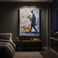 Blue Walker With Golden Dog focuses on this hand-painted textured canvas features blue coated walker carrying yellow flowers while leading a golden dog through thick grey snow. The composition is described from the actual main image, so the visible subject, color balance, spacing, and surface movement stay specific to this product instead of reading like a batch title. Raised palette-knife layers, sculpted impasto ridges, softened brush transitions, and tactile handmade texture give the canvas