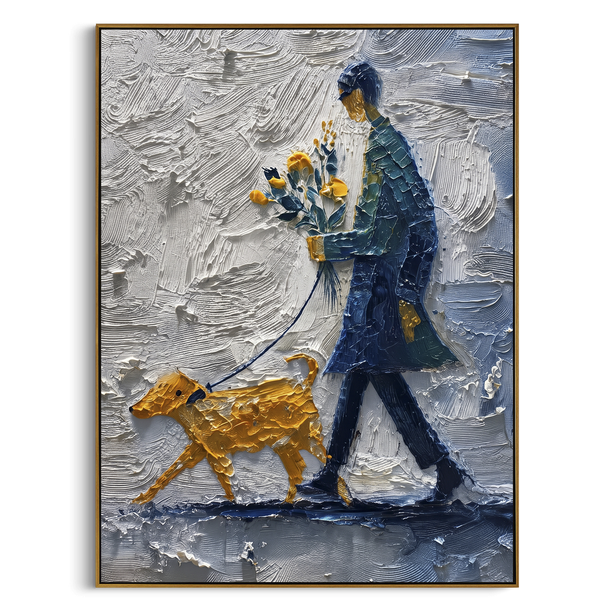 Blue Walker With Golden Dog focuses on this hand-painted textured canvas features blue coated walker carrying yellow flowers while leading a golden dog through thick grey snow. The composition is described from the actual main image, so the visible subject, color balance, spacing, and surface movement stay specific to this product instead of reading like a batch title. Raised palette-knife layers, sculpted impasto ridges, softened brush transitions, and tactile handmade texture give the canvas