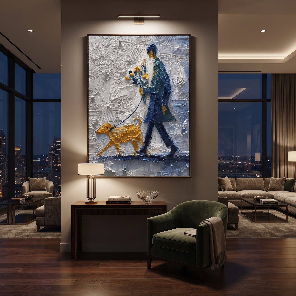 Blue Walker With Golden Dog focuses on this hand-painted textured canvas features blue coated walker carrying yellow flowers while leading a golden dog through thick grey snow. The composition is described from the actual main image, so the visible subject, color balance, spacing, and surface movement stay specific to this product instead of reading like a batch title. Raised palette-knife layers, sculpted impasto ridges, softened brush transitions, and tactile handmade texture give the canvas