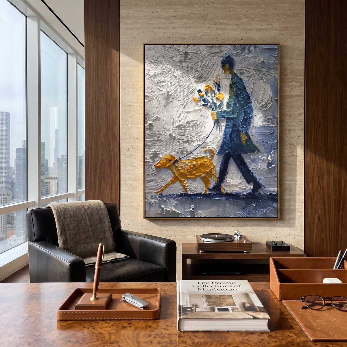 Blue Walker With Golden Dog focuses on this hand-painted textured canvas features blue coated walker carrying yellow flowers while leading a golden dog through thick grey snow. The composition is described from the actual main image, so the visible subject, color balance, spacing, and surface movement stay specific to this product instead of reading like a batch title. Raised palette-knife layers, sculpted impasto ridges, softened brush transitions, and tactile handmade texture give the canvas