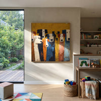 Front Row Dog Portraits focuses on this hand-painted textured canvas features front row of tall dog portraits in white, black, ochre, blue, and salmon colors. The composition is described from the actual main image, so the visible subject, color balance, spacing, and surface movement stay specific to this product instead of reading like a batch title. Raised palette-knife layers, sculpted impasto ridges, softened brush transitions, and tactile handmade texture give the canvas dimensional depth