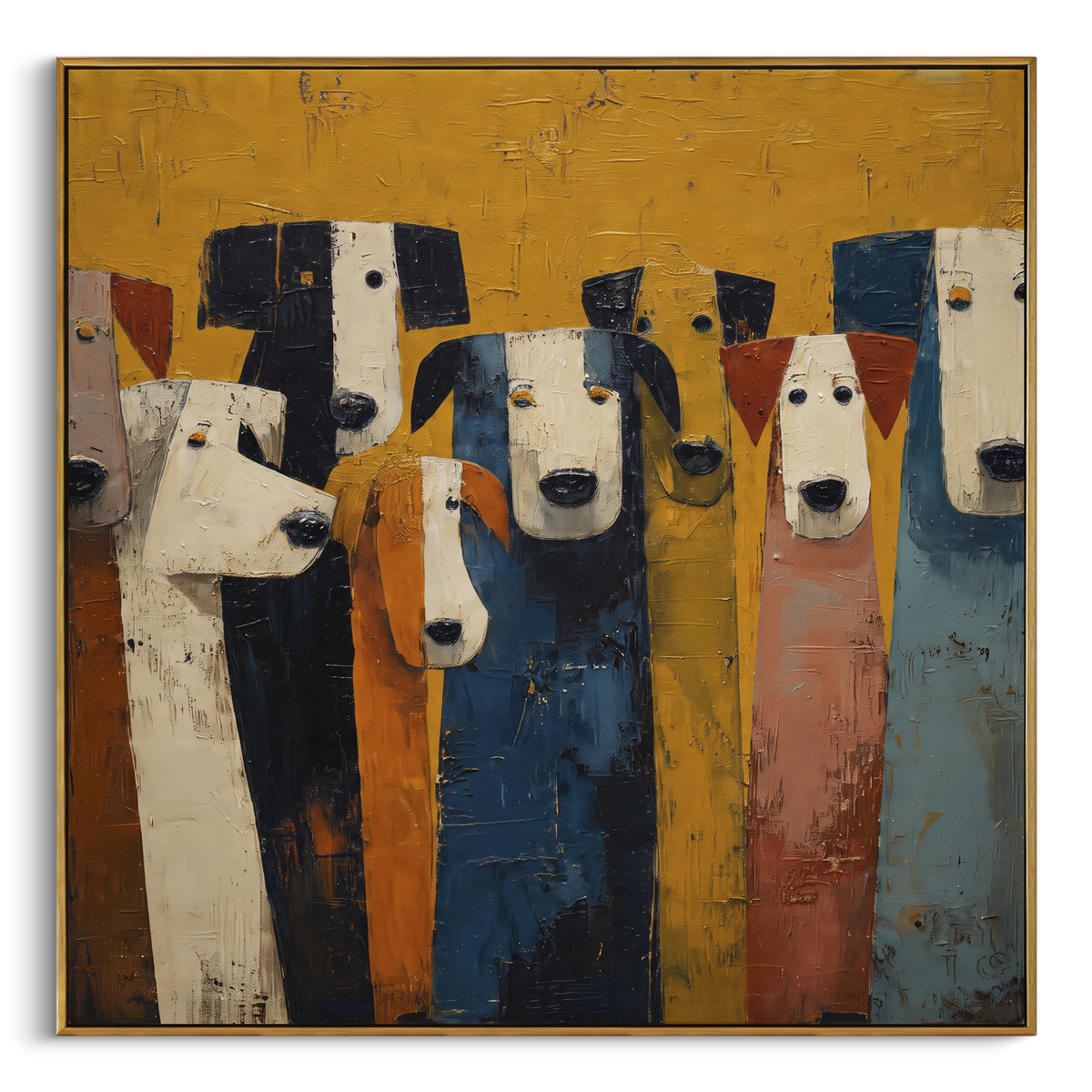 Front Row Dog Portraits focuses on this hand-painted textured canvas features front row of tall dog portraits in white, black, ochre, blue, and salmon colors. The composition is described from the actual main image, so the visible subject, color balance, spacing, and surface movement stay specific to this product instead of reading like a batch title. Raised palette-knife layers, sculpted impasto ridges, softened brush transitions, and tactile handmade texture give the canvas dimensional depth