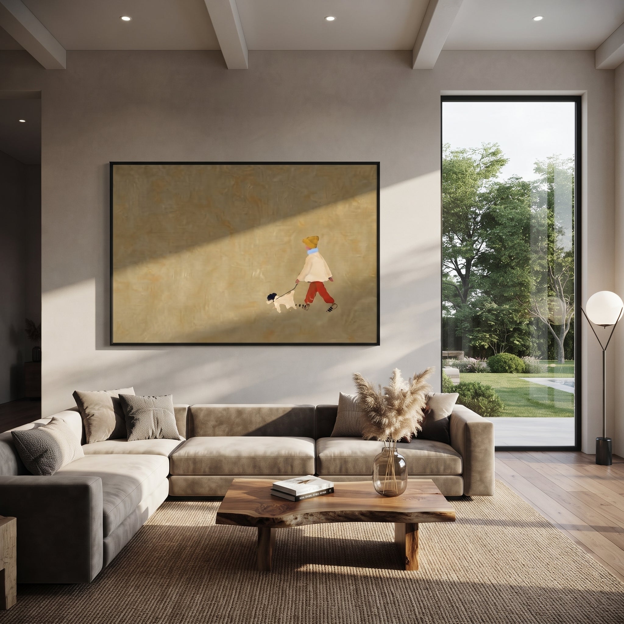 Small Child Walking Dog focuses on this hand-painted textured canvas features tiny child in red pants walking a small black and white dog across a wide beige field. The composition is described from the actual main image, so the visible subject, color balance, spacing, and surface movement stay specific to this product instead of reading like a batch title. Raised palette-knife layers, sculpted impasto ridges, softened brush transitions, and tactile handmade texture give the canvas dimensional