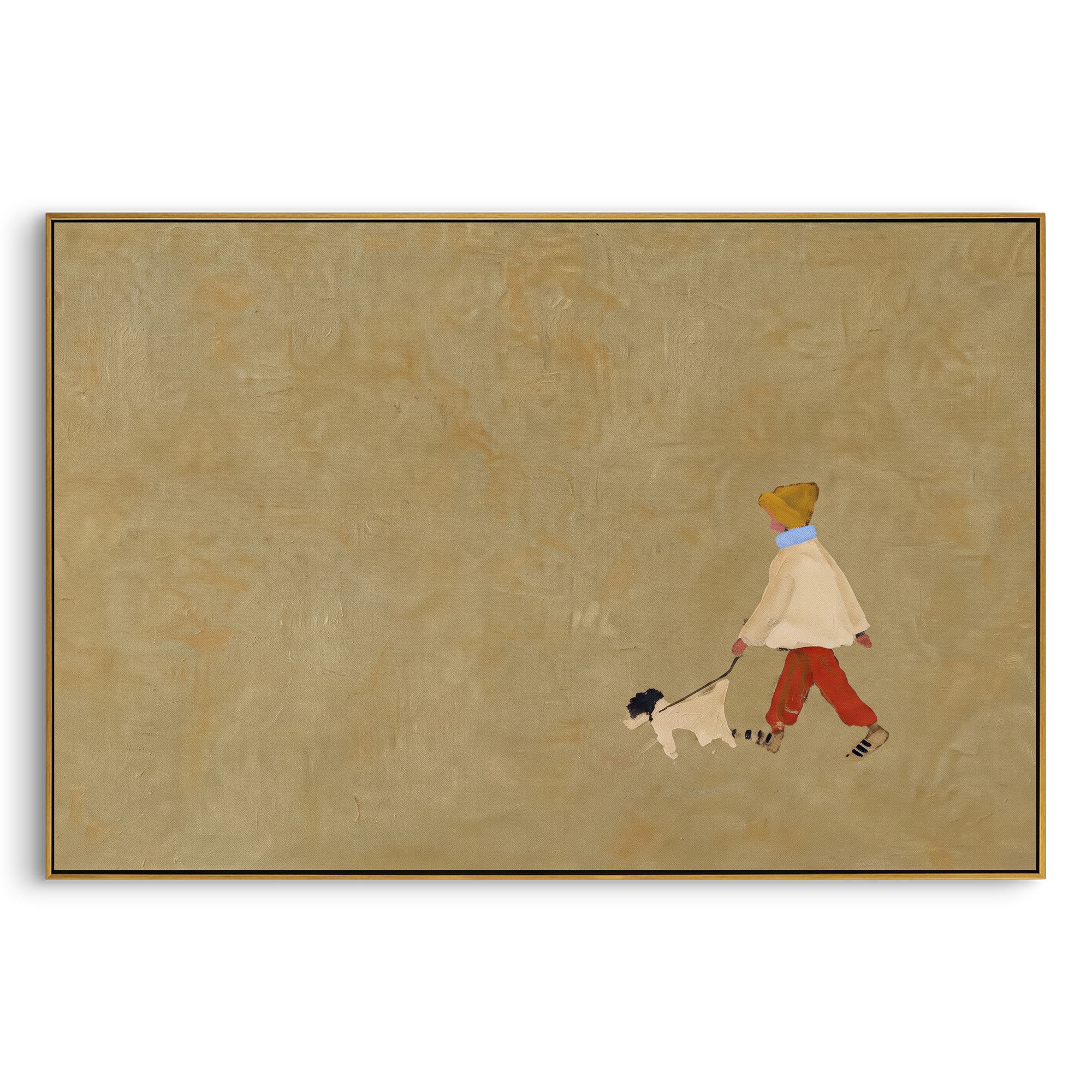Small Child Walking Dog focuses on this hand-painted textured canvas features tiny child in red pants walking a small black and white dog across a wide beige field. The composition is described from the actual main image, so the visible subject, color balance, spacing, and surface movement stay specific to this product instead of reading like a batch title. Raised palette-knife layers, sculpted impasto ridges, softened brush transitions, and tactile handmade texture give the canvas dimensional