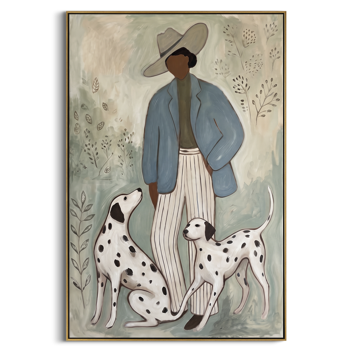 Woman With Two Dalmatians focuses on this hand-painted textured canvas features woman in blue jacket and wide hat standing with two spotted dalmatian dogs. The composition is described from the actual main image, so the visible subject, color balance, spacing, and surface movement stay specific to this product instead of reading like a batch title. Raised palette-knife layers, sculpted impasto ridges, softened brush transitions, and tactile handmade texture give the canvas dimensional depth