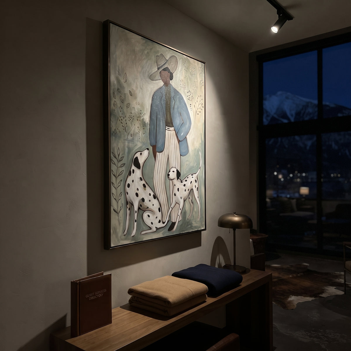 Woman With Two Dalmatians focuses on this hand-painted textured canvas features woman in blue jacket and wide hat standing with two spotted dalmatian dogs. The composition is described from the actual main image, so the visible subject, color balance, spacing, and surface movement stay specific to this product instead of reading like a batch title. Raised palette-knife layers, sculpted impasto ridges, softened brush transitions, and tactile handmade texture give the canvas dimensional depth