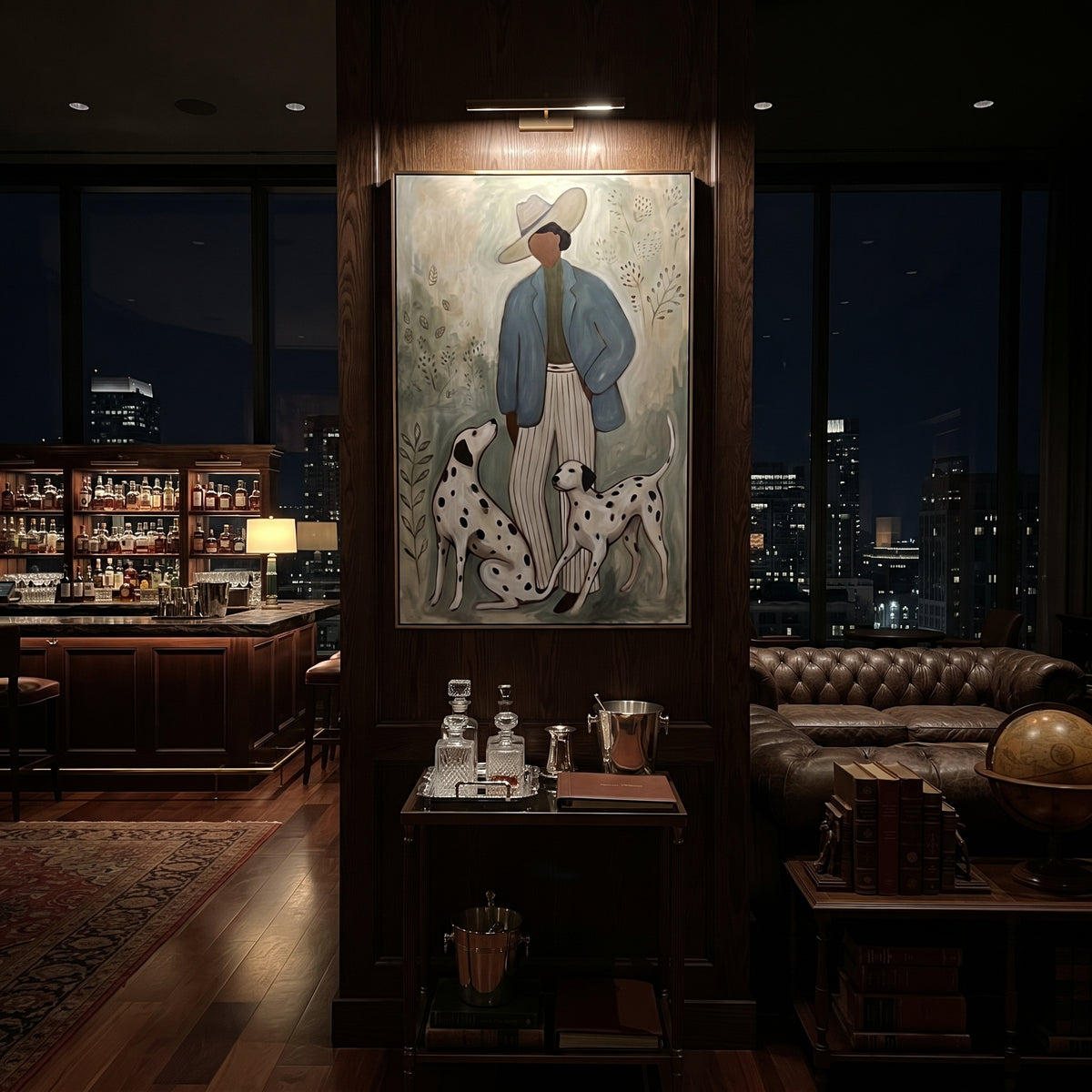 Woman With Two Dalmatians focuses on this hand-painted textured canvas features woman in blue jacket and wide hat standing with two spotted dalmatian dogs. The composition is described from the actual main image, so the visible subject, color balance, spacing, and surface movement stay specific to this product instead of reading like a batch title. Raised palette-knife layers, sculpted impasto ridges, softened brush transitions, and tactile handmade texture give the canvas dimensional depth