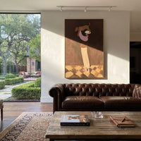 Performer Holding Brown Dog focuses on this hand-painted textured canvas features stage performer lifting a brown dog above her shoulders on a deep brown background. The composition is described from the actual main image, so the visible subject, color balance, spacing, and surface movement stay specific to this product instead of reading like a batch title. Raised palette-knife layers, sculpted impasto ridges, softened brush transitions, and tactile handmade texture give the canvas dimensional