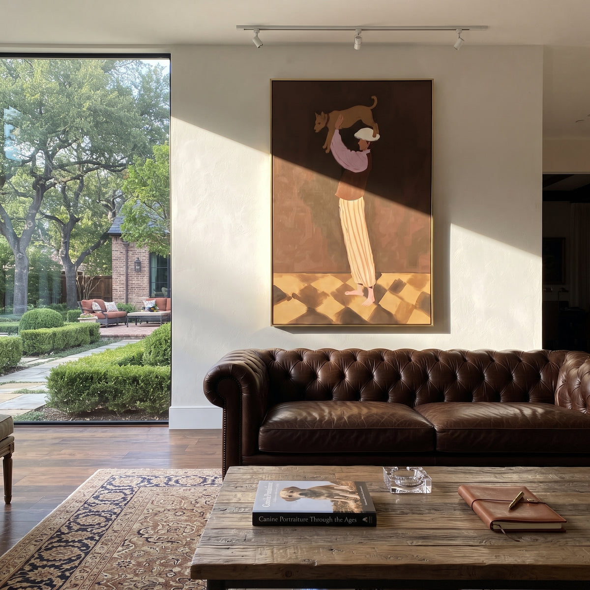 Performer Holding Brown Dog focuses on this hand-painted textured canvas features stage performer lifting a brown dog above her shoulders on a deep brown background. The composition is described from the actual main image, so the visible subject, color balance, spacing, and surface movement stay specific to this product instead of reading like a batch title. Raised palette-knife layers, sculpted impasto ridges, softened brush transitions, and tactile handmade texture give the canvas dimensional
