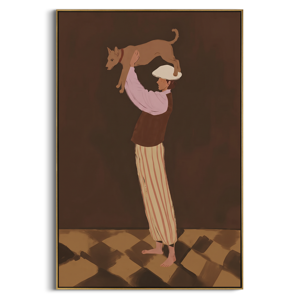Performer Holding Brown Dog focuses on this hand-painted textured canvas features stage performer lifting a brown dog above her shoulders on a deep brown background. The composition is described from the actual main image, so the visible subject, color balance, spacing, and surface movement stay specific to this product instead of reading like a batch title. Raised palette-knife layers, sculpted impasto ridges, softened brush transitions, and tactile handmade texture give the canvas dimensional