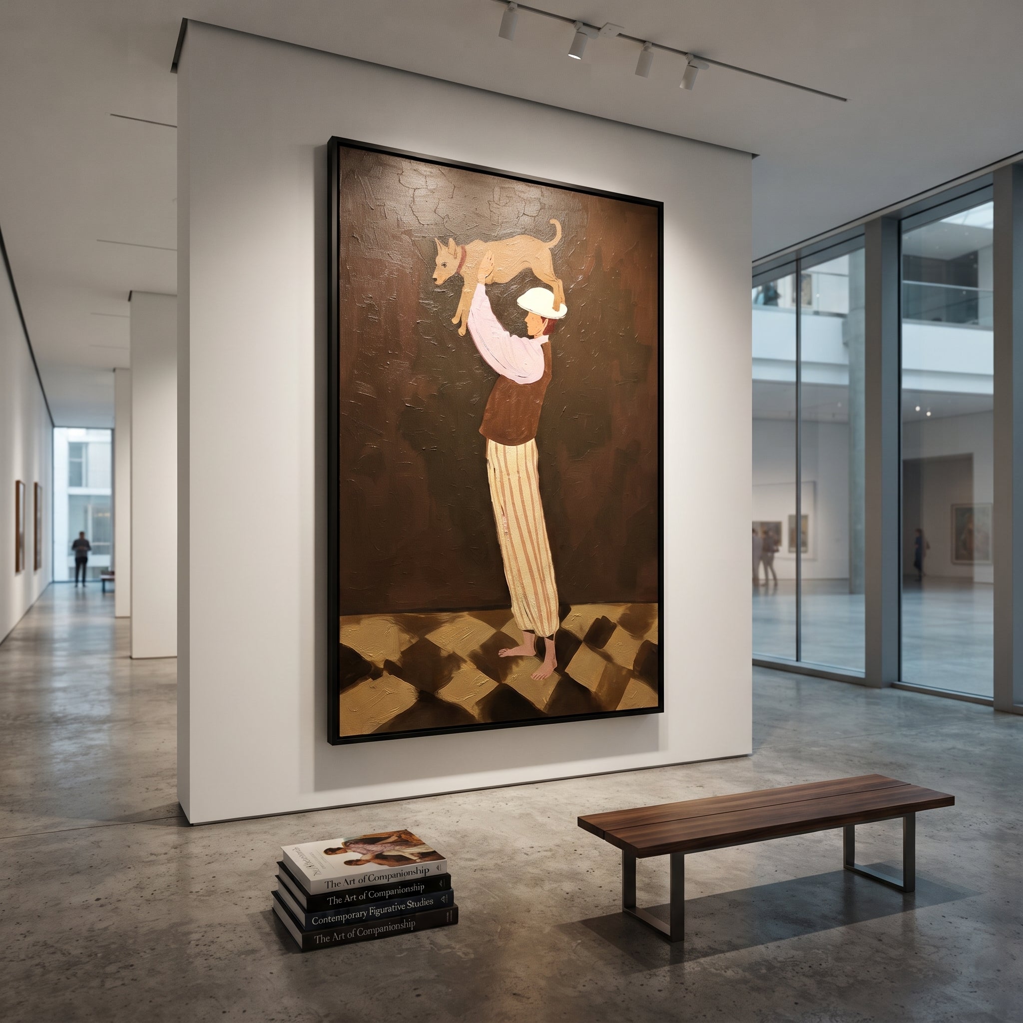 Performer Holding Brown Dog focuses on this hand-painted textured canvas features stage performer lifting a brown dog above her shoulders on a deep brown background. The composition is described from the actual main image, so the visible subject, color balance, spacing, and surface movement stay specific to this product instead of reading like a batch title. Raised palette-knife layers, sculpted impasto ridges, softened brush transitions, and tactile handmade texture give the canvas dimensional