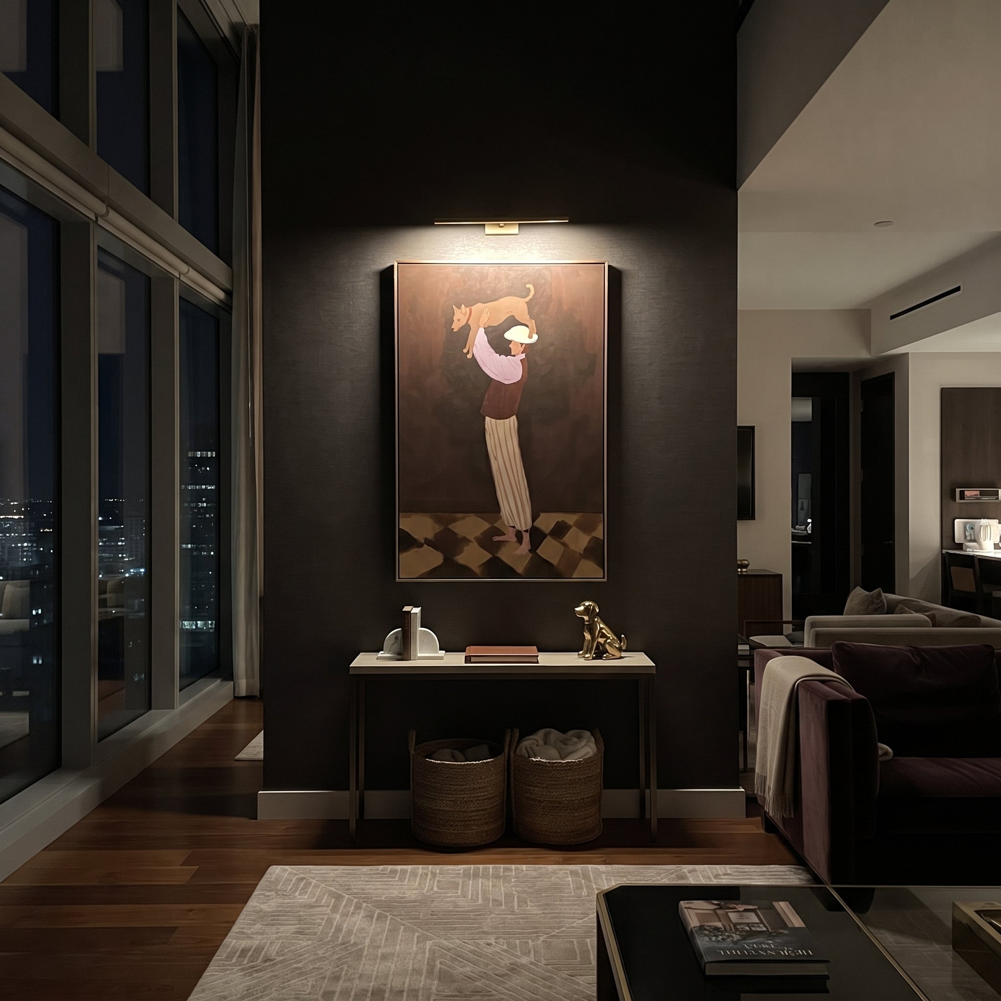 Performer Holding Brown Dog focuses on this hand-painted textured canvas features stage performer lifting a brown dog above her shoulders on a deep brown background. The composition is described from the actual main image, so the visible subject, color balance, spacing, and surface movement stay specific to this product instead of reading like a batch title. Raised palette-knife layers, sculpted impasto ridges, softened brush transitions, and tactile handmade texture give the canvas dimensional