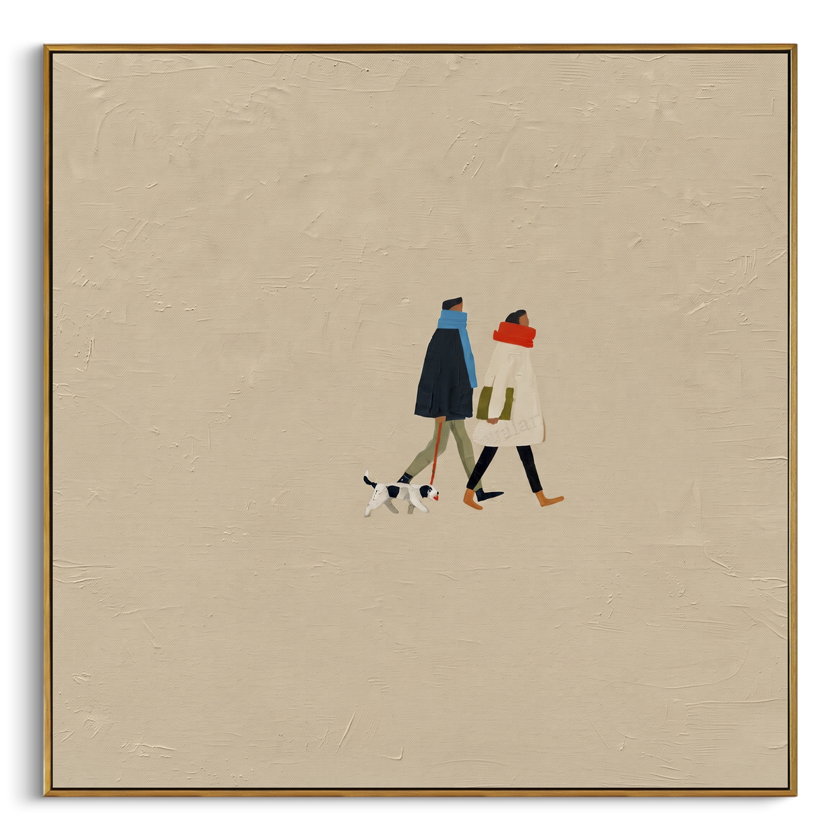 Tiny Couple Walking Dog focuses on this hand-painted textured canvas features tiny couple walking a small dog across a large warm beige minimalist canvas. The composition is described from the actual main image, so the visible subject, color balance, spacing, and surface movement stay specific to this product instead of reading like a batch title. Raised palette-knife layers, sculpted impasto ridges, softened brush transitions, and tactile handmade texture give the canvas dimensional depth under