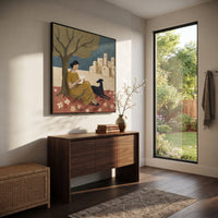 Living Room Dog Wall Art focuses on this hand-painted textured canvas features room scene featuring a seated woman, black dog, flowers, and framed village wall art. The composition is described from the actual main image, so the visible subject, color balance, spacing, and surface movement stay specific to this product instead of reading like a batch title. Raised palette-knife layers, sculpted impasto ridges, softened brush transitions, and tactile handmade texture give the canvas dimensional