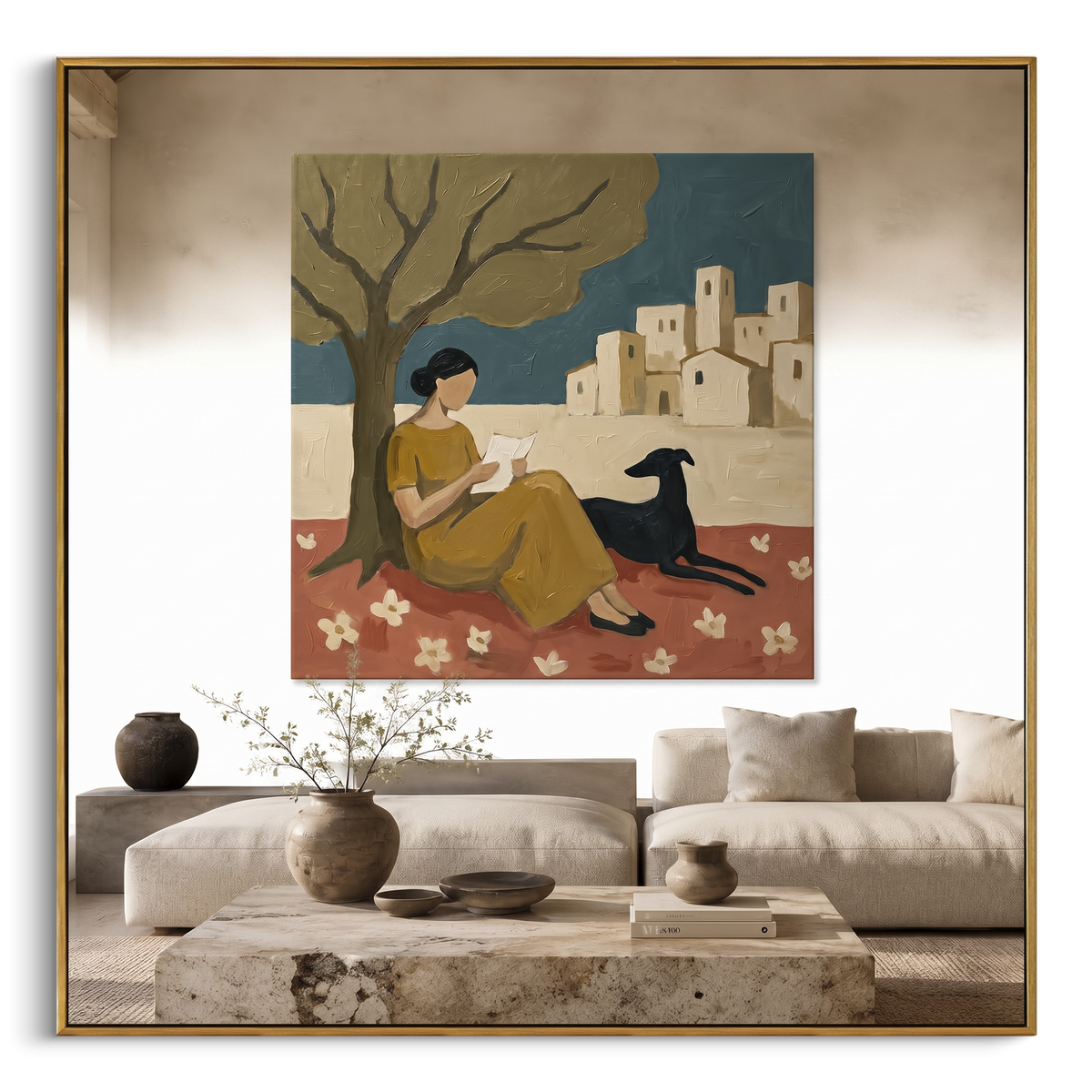 Living Room Dog Wall Art focuses on this hand-painted textured canvas features room scene featuring a seated woman, black dog, flowers, and framed village wall art. The composition is described from the actual main image, so the visible subject, color balance, spacing, and surface movement stay specific to this product instead of reading like a batch title. Raised palette-knife layers, sculpted impasto ridges, softened brush transitions, and tactile handmade texture give the canvas dimensional