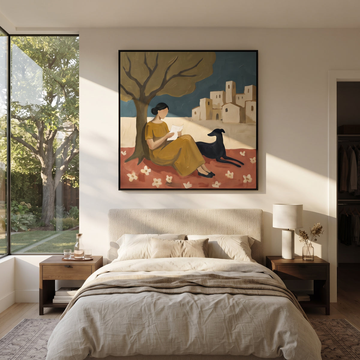 "Living Room Dog" - Modern Heavy Impasto Dog Portrait Artwork | Beige & Green Palette Knife Painting | Luxury Square Wall Art #PT 2014