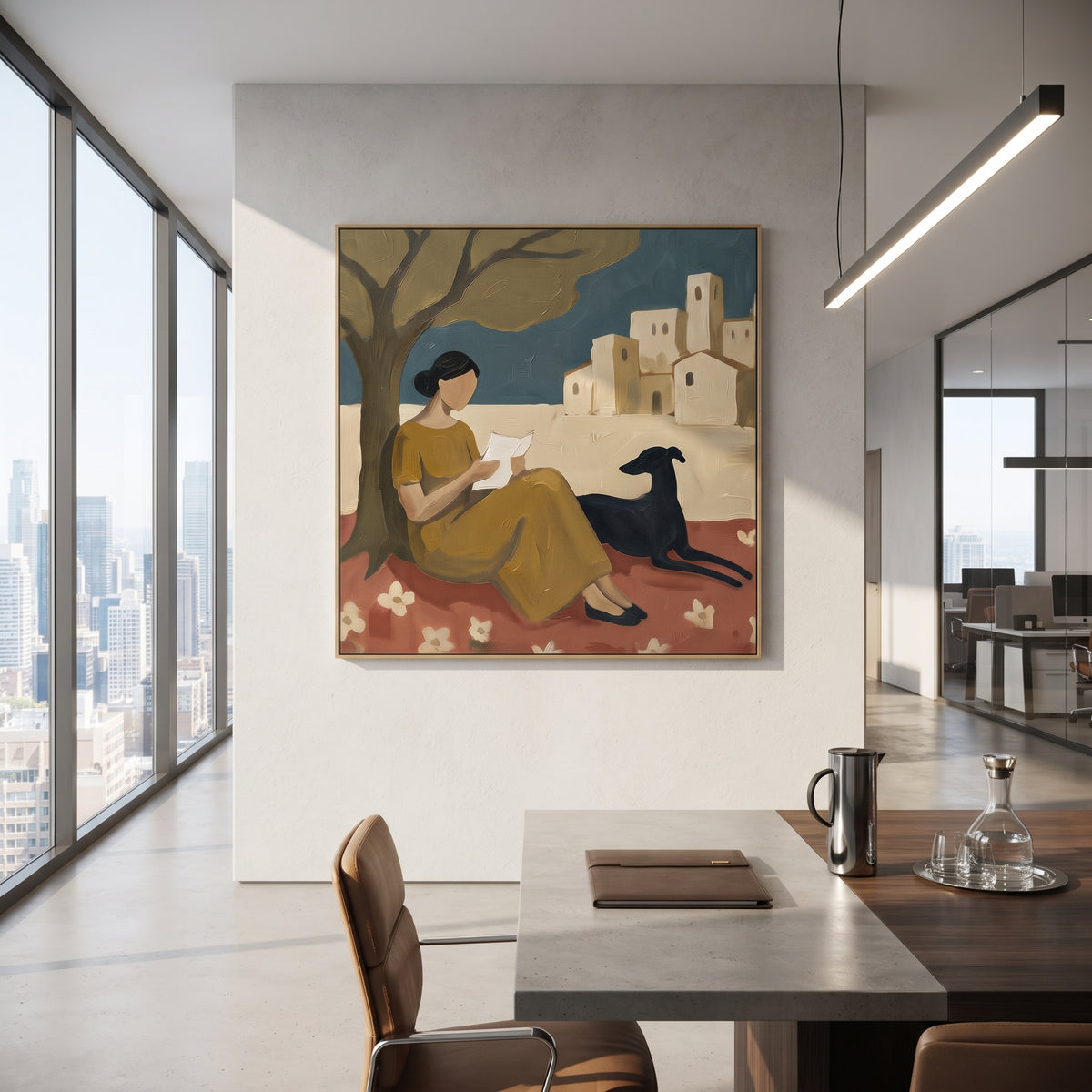 Living Room Dog Wall Art focuses on this hand-painted textured canvas features room scene featuring a seated woman, black dog, flowers, and framed village wall art. The composition is described from the actual main image, so the visible subject, color balance, spacing, and surface movement stay specific to this product instead of reading like a batch title. Raised palette-knife layers, sculpted impasto ridges, softened brush transitions, and tactile handmade texture give the canvas dimensional