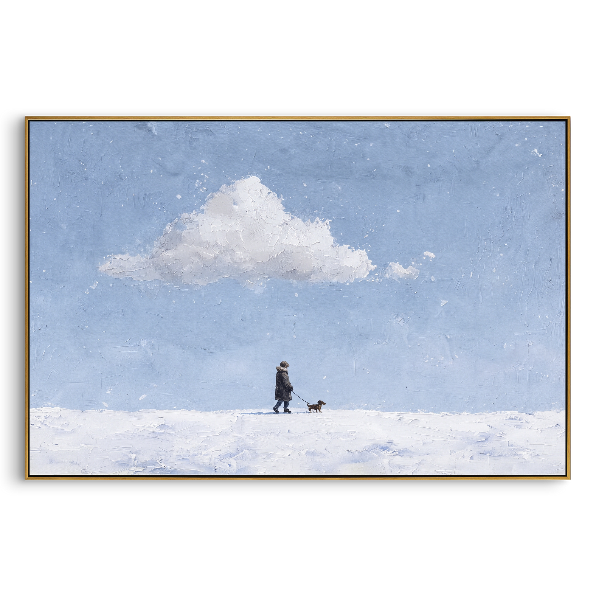 Snowfield Walker With Dog focuses on this hand-painted textured canvas features small dark walker and dog crossing a pale snowfield beneath a soft blue sky and white cloud. The composition is described from the actual main image, so the visible subject, color balance, spacing, and surface movement stay specific to this product instead of reading like a batch title. Raised palette-knife layers, sculpted impasto ridges, softened brush transitions, and tactile handmade texture give the canvas