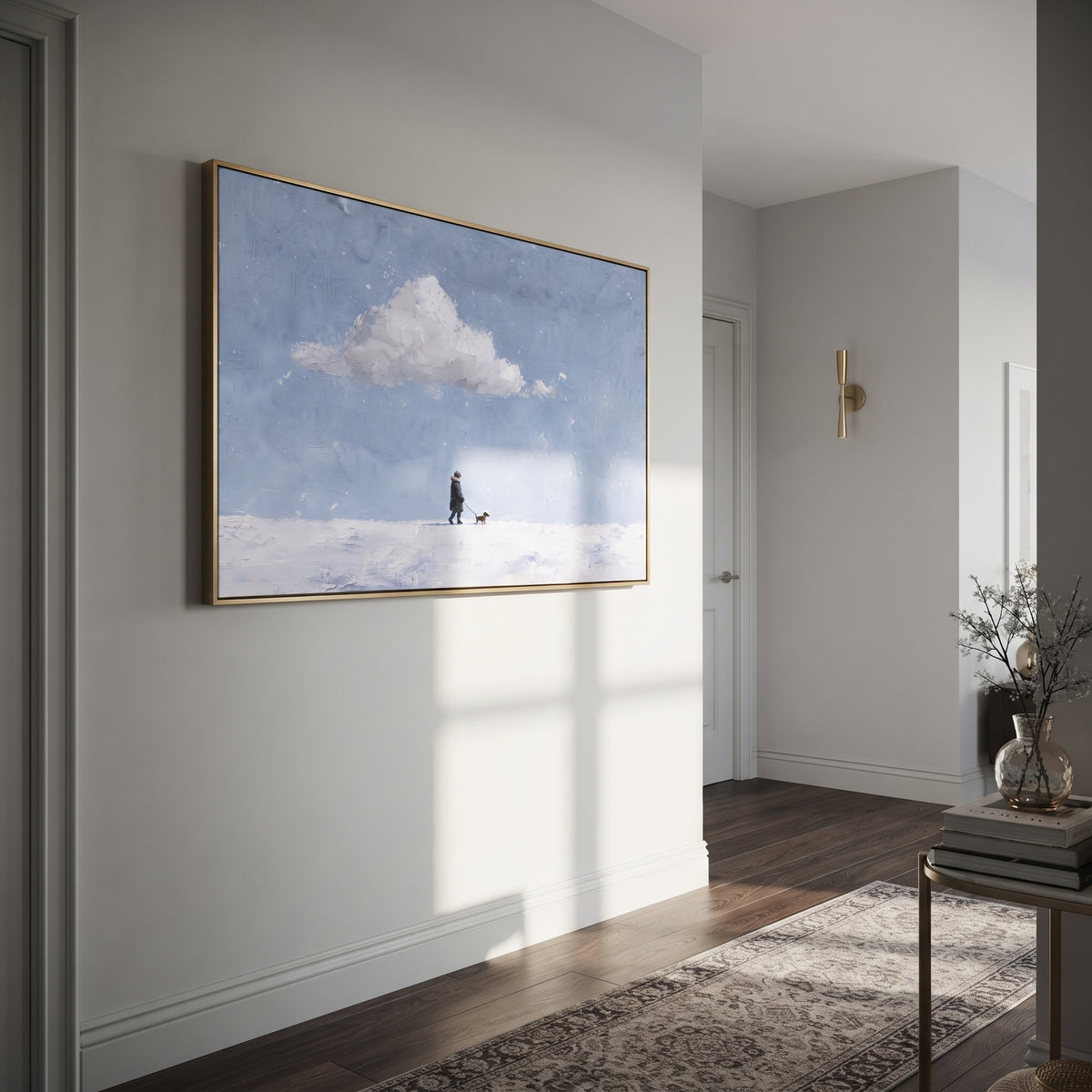Snowfield Walker With Dog focuses on this hand-painted textured canvas features small dark walker and dog crossing a pale snowfield beneath a soft blue sky and white cloud. The composition is described from the actual main image, so the visible subject, color balance, spacing, and surface movement stay specific to this product instead of reading like a batch title. Raised palette-knife layers, sculpted impasto ridges, softened brush transitions, and tactile handmade texture give the canvas