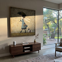 Umbrella Girl With Spotted Dog focuses on this hand-painted textured canvas features girl with black umbrella and white scarf walking a small spotted dog on a muted green ground. The composition is described from the actual main image, so the visible subject, color balance, spacing, and surface movement stay specific to this product instead of reading like a batch title. Raised palette-knife layers, sculpted impasto ridges, softened brush transitions, and tactile handmade texture give the canvas