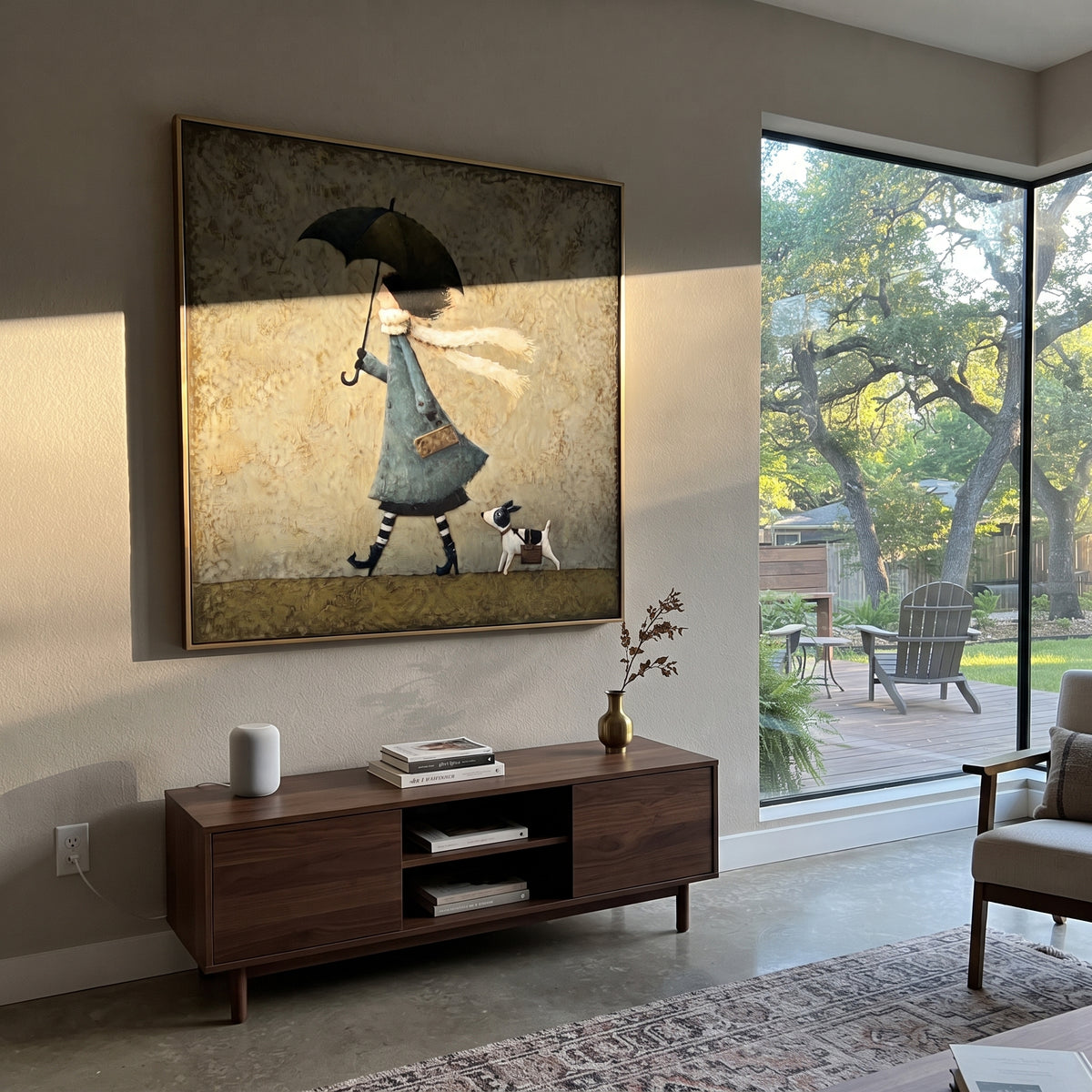 Umbrella Girl With Spotted Dog focuses on this hand-painted textured canvas features girl with black umbrella and white scarf walking a small spotted dog on a muted green ground. The composition is described from the actual main image, so the visible subject, color balance, spacing, and surface movement stay specific to this product instead of reading like a batch title. Raised palette-knife layers, sculpted impasto ridges, softened brush transitions, and tactile handmade texture give the canvas