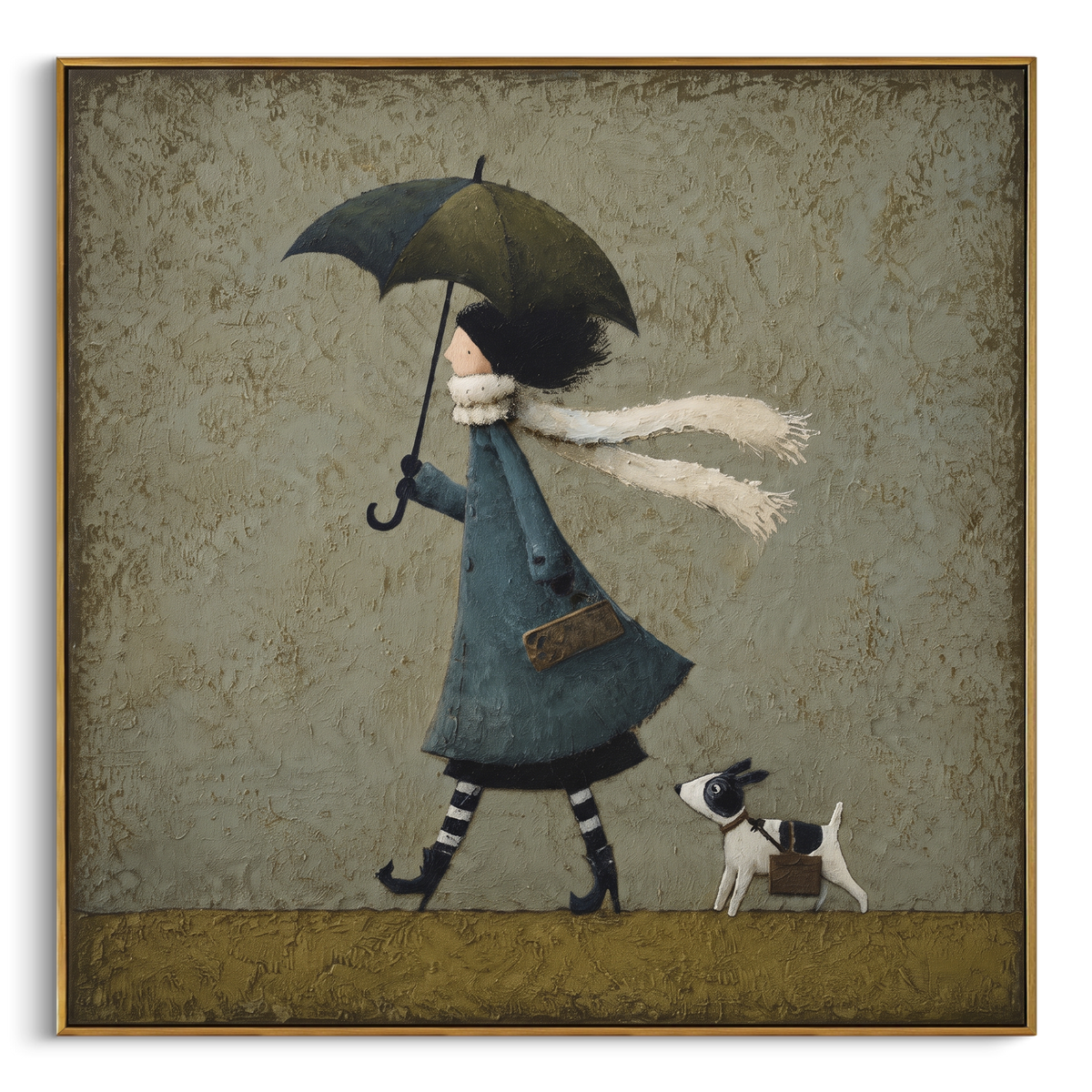 Umbrella Girl With Spotted Dog focuses on this hand-painted textured canvas features girl with black umbrella and white scarf walking a small spotted dog on a muted green ground. The composition is described from the actual main image, so the visible subject, color balance, spacing, and surface movement stay specific to this product instead of reading like a batch title. Raised palette-knife layers, sculpted impasto ridges, softened brush transitions, and tactile handmade texture give the canvas