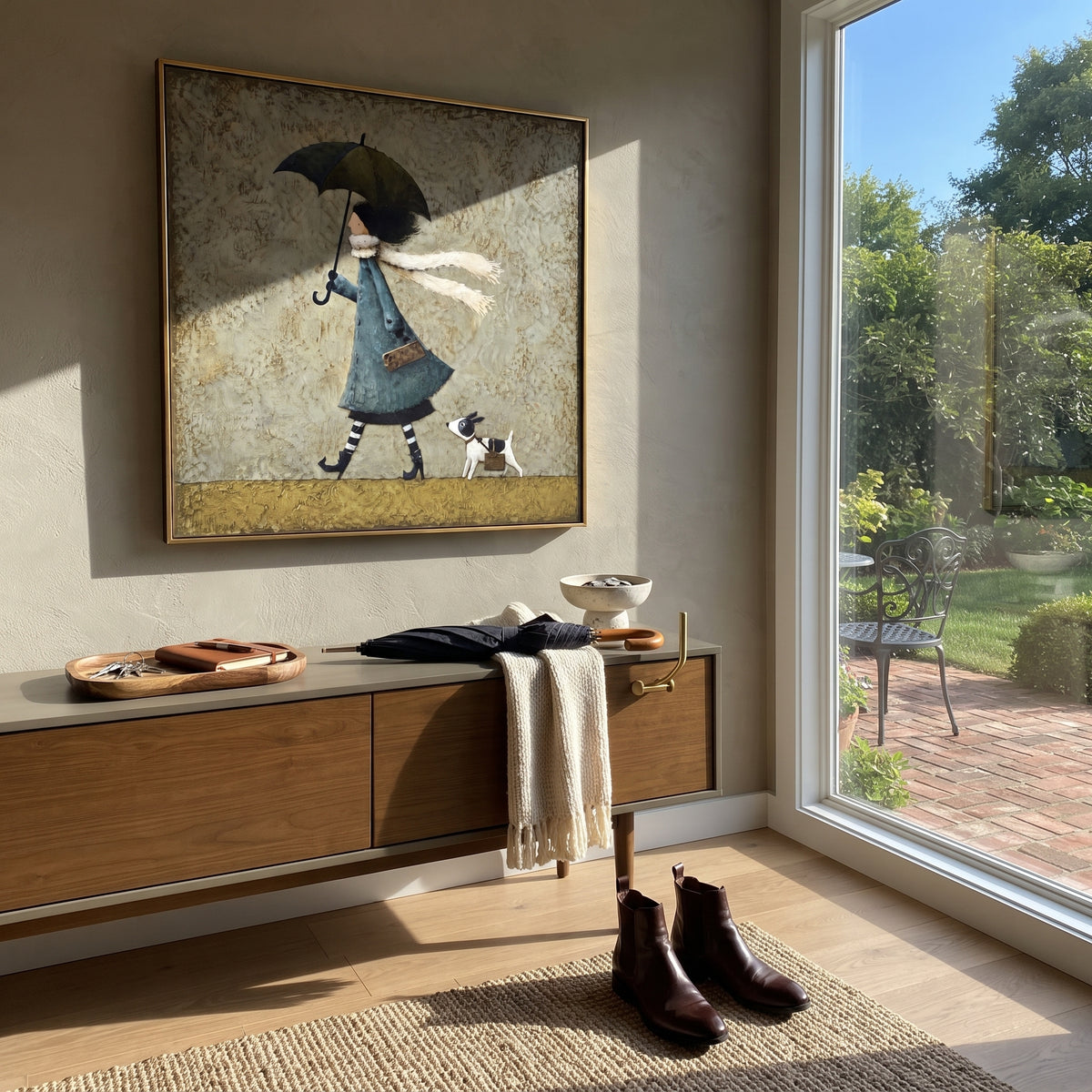 Umbrella Girl With Spotted Dog focuses on this hand-painted textured canvas features girl with black umbrella and white scarf walking a small spotted dog on a muted green ground. The composition is described from the actual main image, so the visible subject, color balance, spacing, and surface movement stay specific to this product instead of reading like a batch title. Raised palette-knife layers, sculpted impasto ridges, softened brush transitions, and tactile handmade texture give the canvas