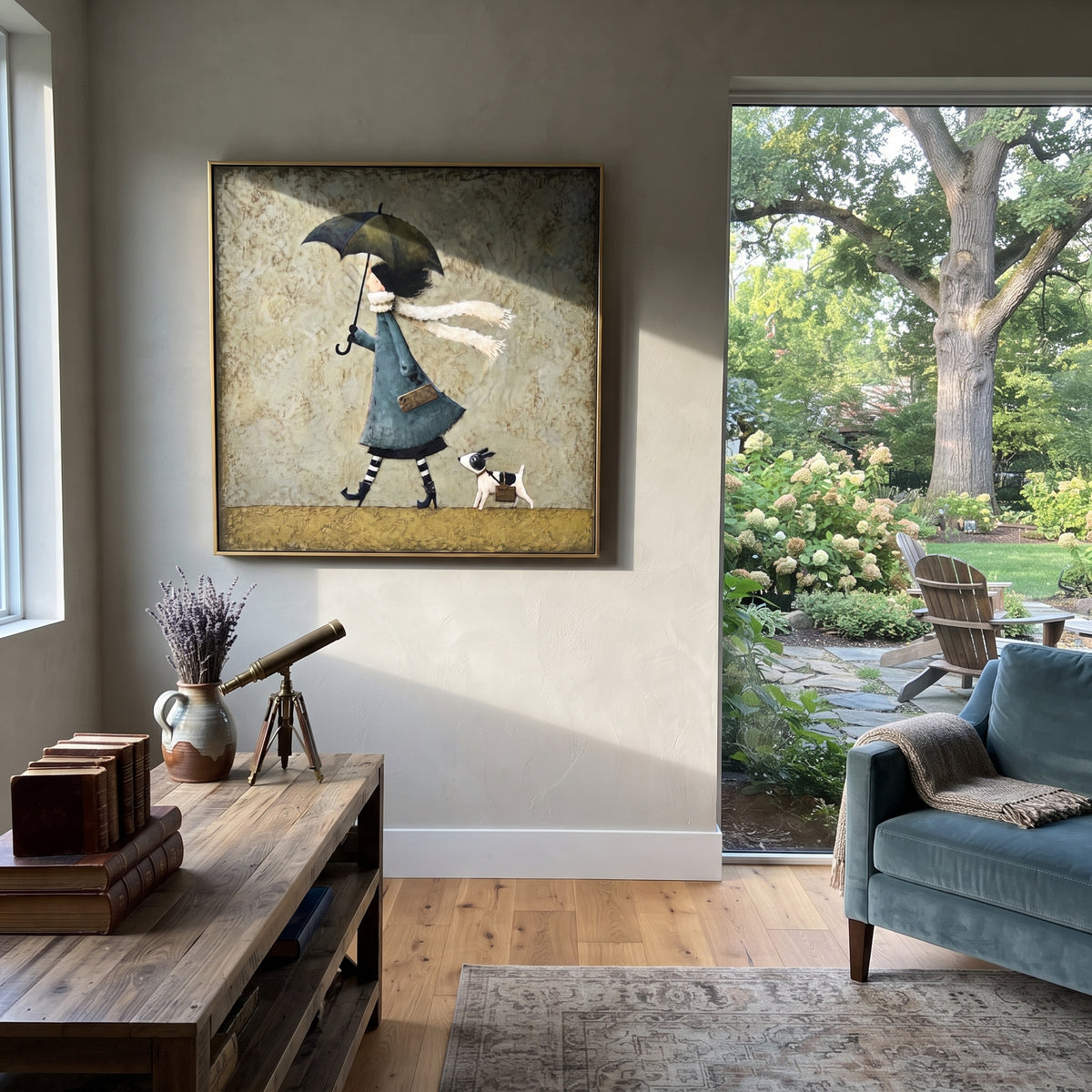 Umbrella Girl With Spotted Dog focuses on this hand-painted textured canvas features girl with black umbrella and white scarf walking a small spotted dog on a muted green ground. The composition is described from the actual main image, so the visible subject, color balance, spacing, and surface movement stay specific to this product instead of reading like a batch title. Raised palette-knife layers, sculpted impasto ridges, softened brush transitions, and tactile handmade texture give the canvas