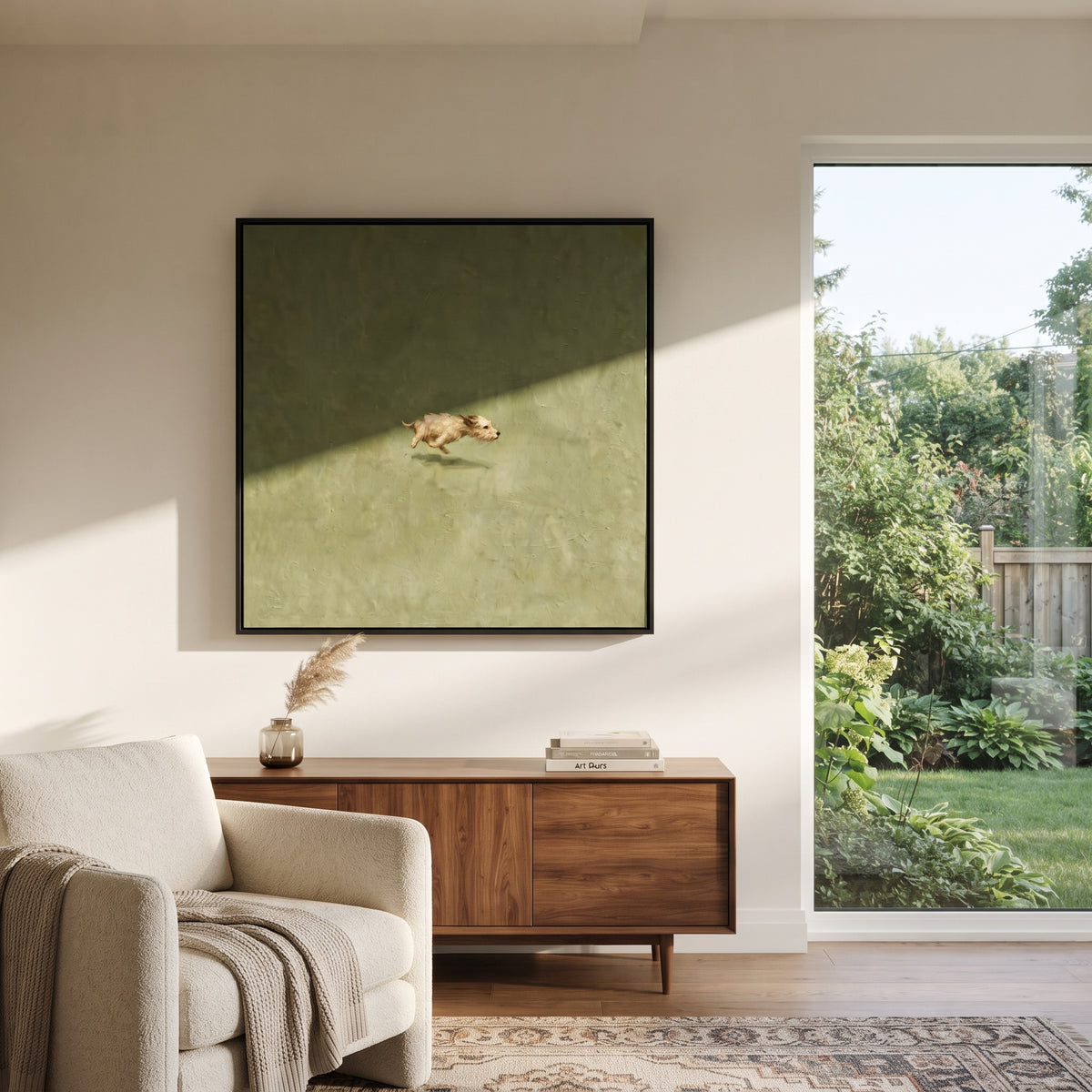 Tiny Dog On Green Field focuses on this hand-painted textured canvas features small cream dog running alone across a large muted green minimalist field. The composition is described from the actual main image, so the visible subject, color balance, spacing, and surface movement stay specific to this product instead of reading like a batch title. Raised palette-knife layers, sculpted impasto ridges, softened brush transitions, and tactile handmade texture give the canvas dimensional depth under