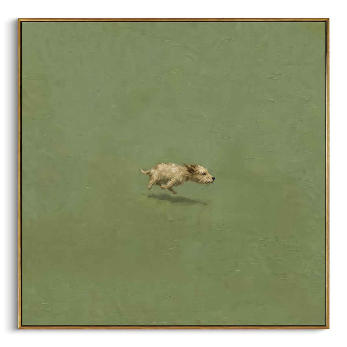 Tiny Dog On Green Field focuses on this hand-painted textured canvas features small cream dog running alone across a large muted green minimalist field. The composition is described from the actual main image, so the visible subject, color balance, spacing, and surface movement stay specific to this product instead of reading like a batch title. Raised palette-knife layers, sculpted impasto ridges, softened brush transitions, and tactile handmade texture give the canvas dimensional depth under