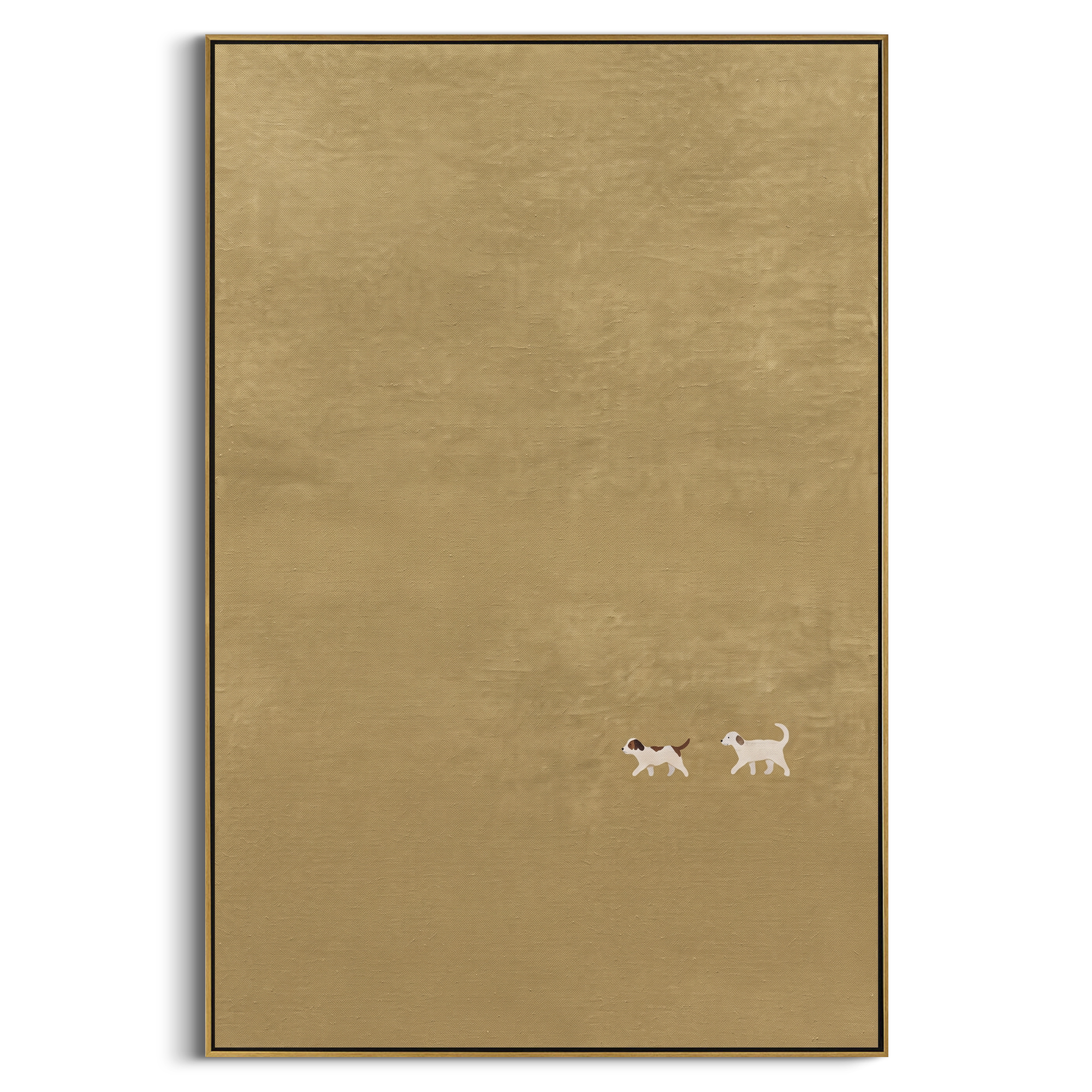 Two Tiny Dogs On Taupe Field focuses on this hand-painted textured canvas features two tiny white dogs crossing a large taupe vertical field with quiet negative space. The composition is described from the actual main image, so the visible subject, color balance, spacing, and surface movement stay specific to this product instead of reading like a batch title. Raised palette-knife layers, sculpted impasto ridges, softened brush transitions, and tactile handmade texture give the canvas