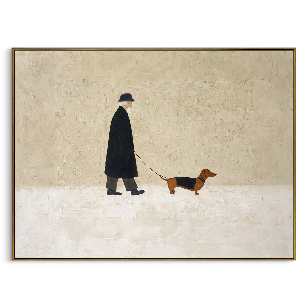 Black Coat Walker With Dachshund focuses on this hand-painted textured canvas features black coated figure walking a brown dachshund across a clean cream horizontal ground. The composition is described from the actual main image, so the visible subject, color balance, spacing, and surface movement stay specific to this product instead of reading like a batch title. Raised palette-knife layers, sculpted impasto ridges, softened brush transitions, and tactile handmade texture give the canvas