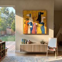 Bright Yellow Dog Group focuses on this hand-painted textured canvas features group of colorful stylized dogs on a vivid yellow background with blue, pink, black, and white forms. The composition is described from the actual main image, so the visible subject, color balance, spacing, and surface movement stay specific to this product instead of reading like a batch title. Raised palette-knife layers, sculpted impasto ridges, softened brush transitions, and tactile handmade texture give the