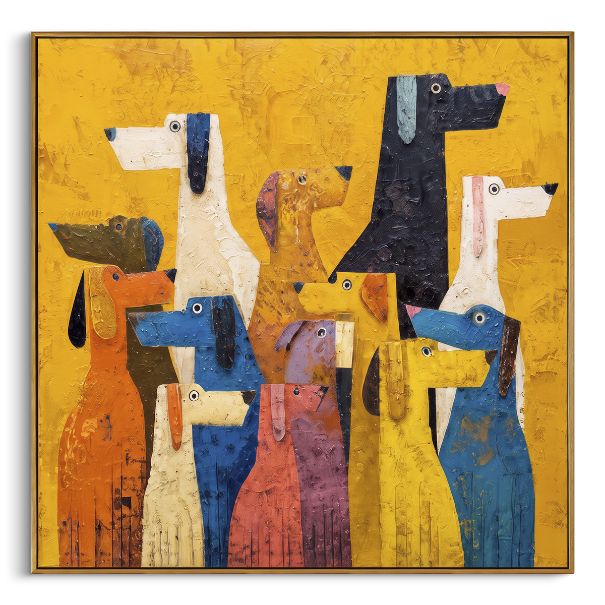 Bright Yellow Dog Group focuses on this hand-painted textured canvas features group of colorful stylized dogs on a vivid yellow background with blue, pink, black, and white forms. The composition is described from the actual main image, so the visible subject, color balance, spacing, and surface movement stay specific to this product instead of reading like a batch title. Raised palette-knife layers, sculpted impasto ridges, softened brush transitions, and tactile handmade texture give the