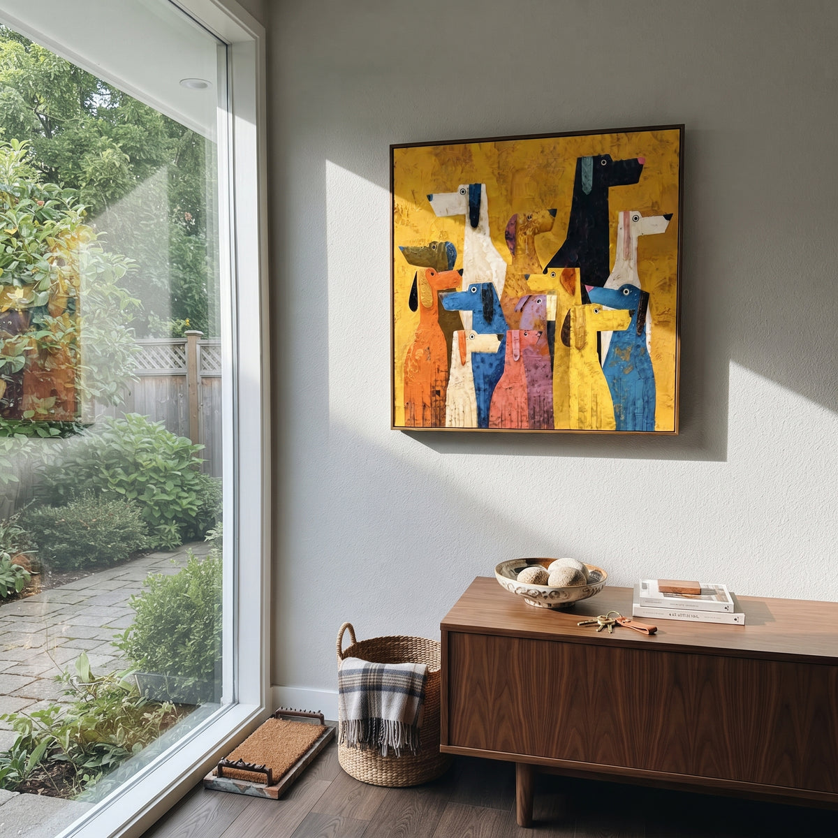 Bright Yellow Dog Group focuses on this hand-painted textured canvas features group of colorful stylized dogs on a vivid yellow background with blue, pink, black, and white forms. The composition is described from the actual main image, so the visible subject, color balance, spacing, and surface movement stay specific to this product instead of reading like a batch title. Raised palette-knife layers, sculpted impasto ridges, softened brush transitions, and tactile handmade texture give the