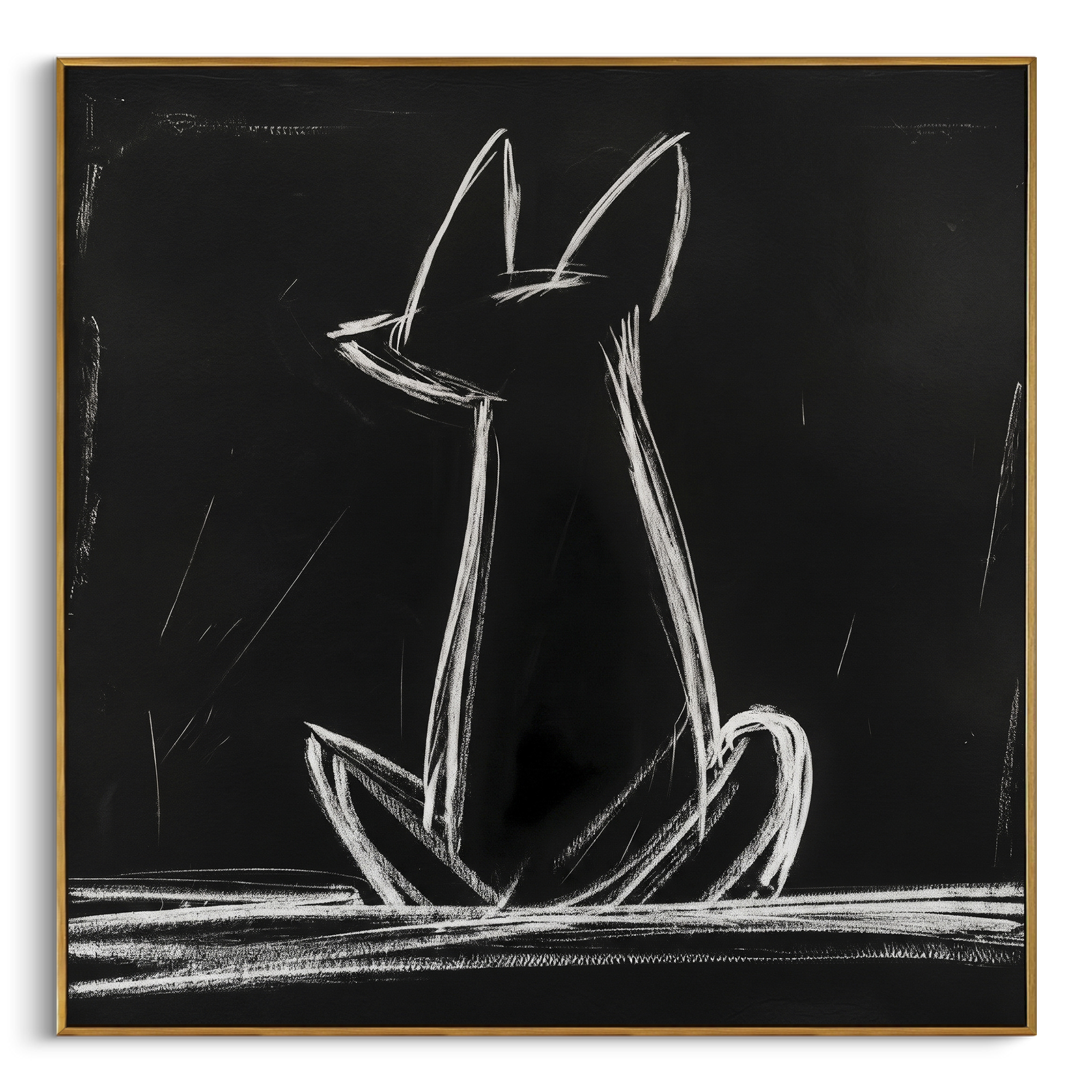 Black Ground White Line Dog focuses on this hand-painted textured canvas features a white line dog silhouette on a deep black ground with expressive chalk-like strokes, long upright ear shapes, a seated body outline, and visible white marks along the lower edge. The composition is described from the actual main image, so the visible subject, color balance, spacing, and surface movement stay specific to this product instead of reading like a batch title. Raised palette-knife layers, sculpted
